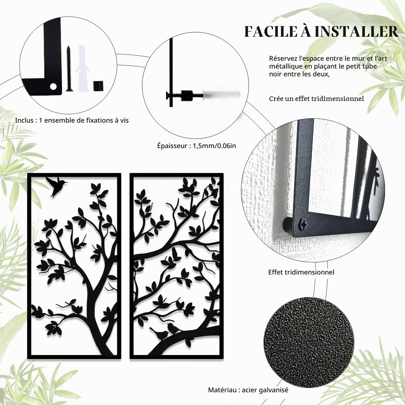 Pduoduo Arbre De Vie En Métal,arbre de vie 4 panneaux,Arbre de Vie Decoration Murale,Pour Bureau, Chambre à Coucher, Salon, Décoration extérieure, Grand(11.8" in x 23.6" in/ 30 x 60 cm)