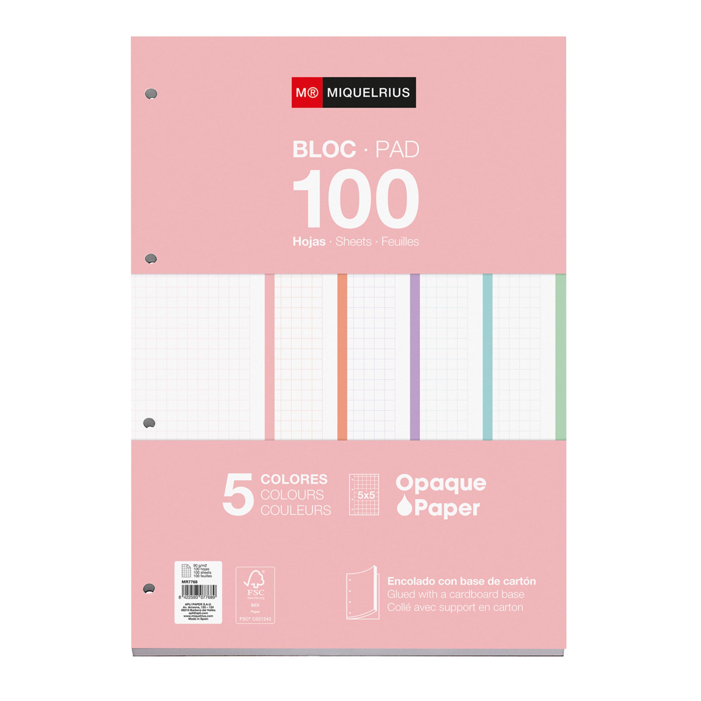 Miquelrius - Refill Pad A4 with Squared Sheets 5 x 5 mm, 100 Sheets of 90 g/m² in 5 Pastel Colours, with Standard Punching for Ring Binder, School Supplies
