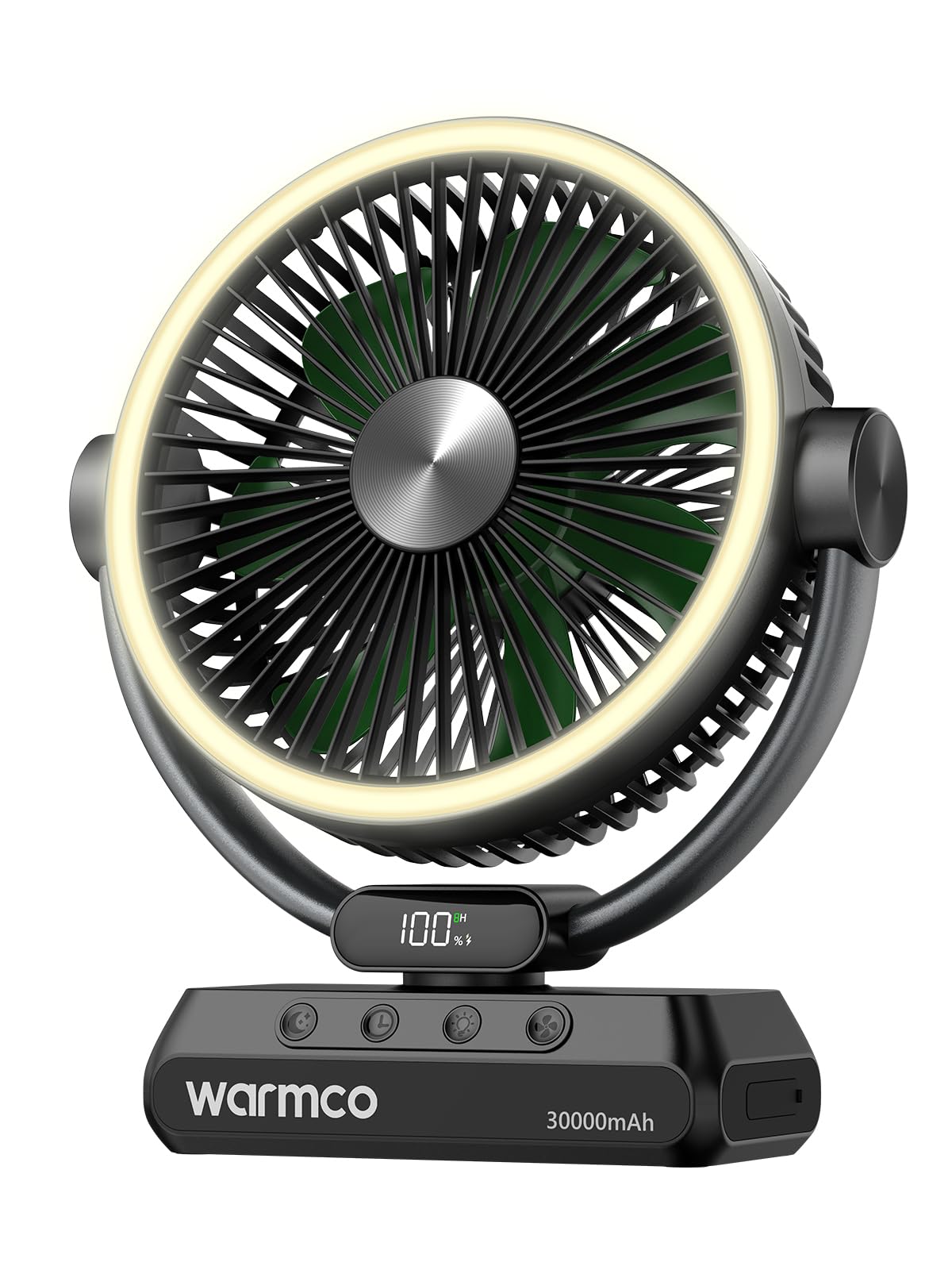 Warmco Tragbarer Campingventilator, 30.000 mAh, 17,8 cm, wiederaufladbar, batteriebetrieben, mit Licht und Haken, 5 Geschwindigkeiten und LED-Display, ideal für drinnen, draußen, Zelt, Reisen, Grillen