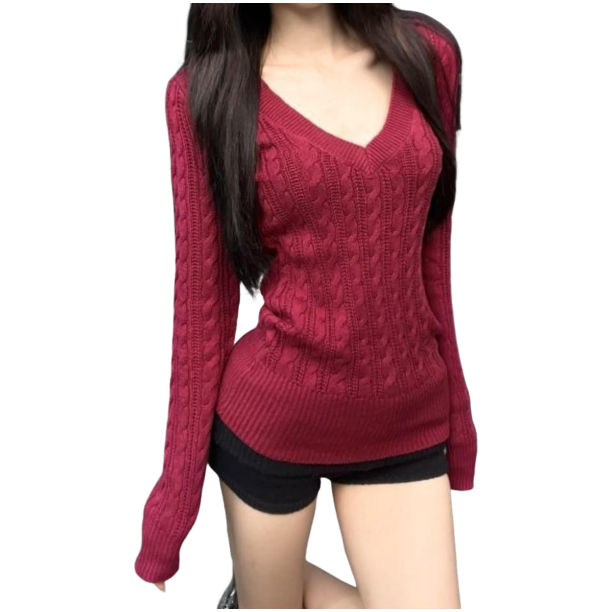 Cable Knit Sweater Women Teen Girls Light Weight V Neck Crop Sweater Shirts Fall Y2k Cute Coquette Aesthetic