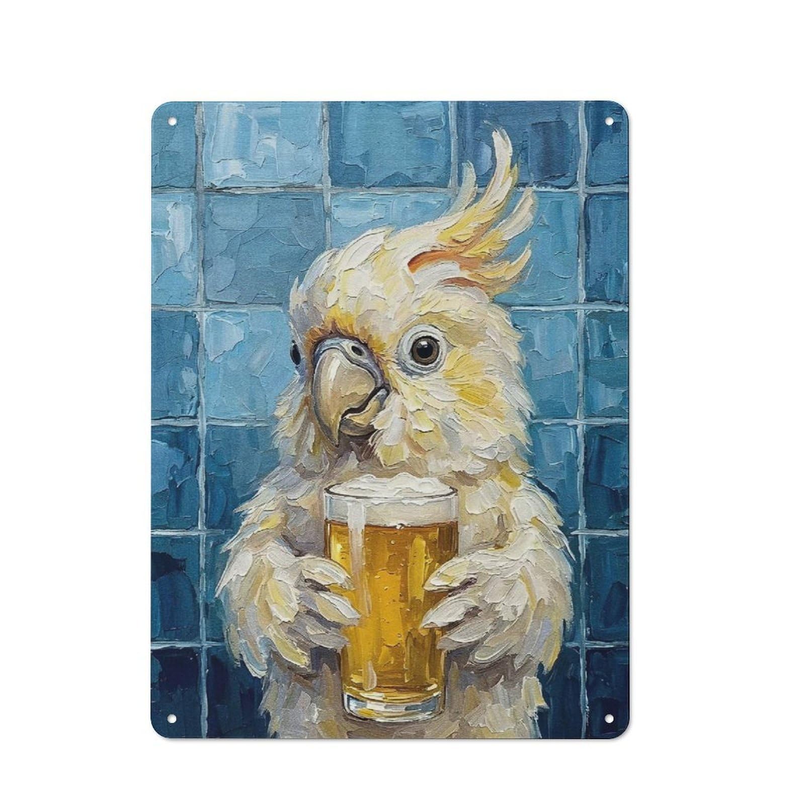 Industrial Cockatoo with Beer Painting Retro Metal Sign 40x30cm, Shed Wall Plaque for Garage, Workshop, Shed Or Utility Room