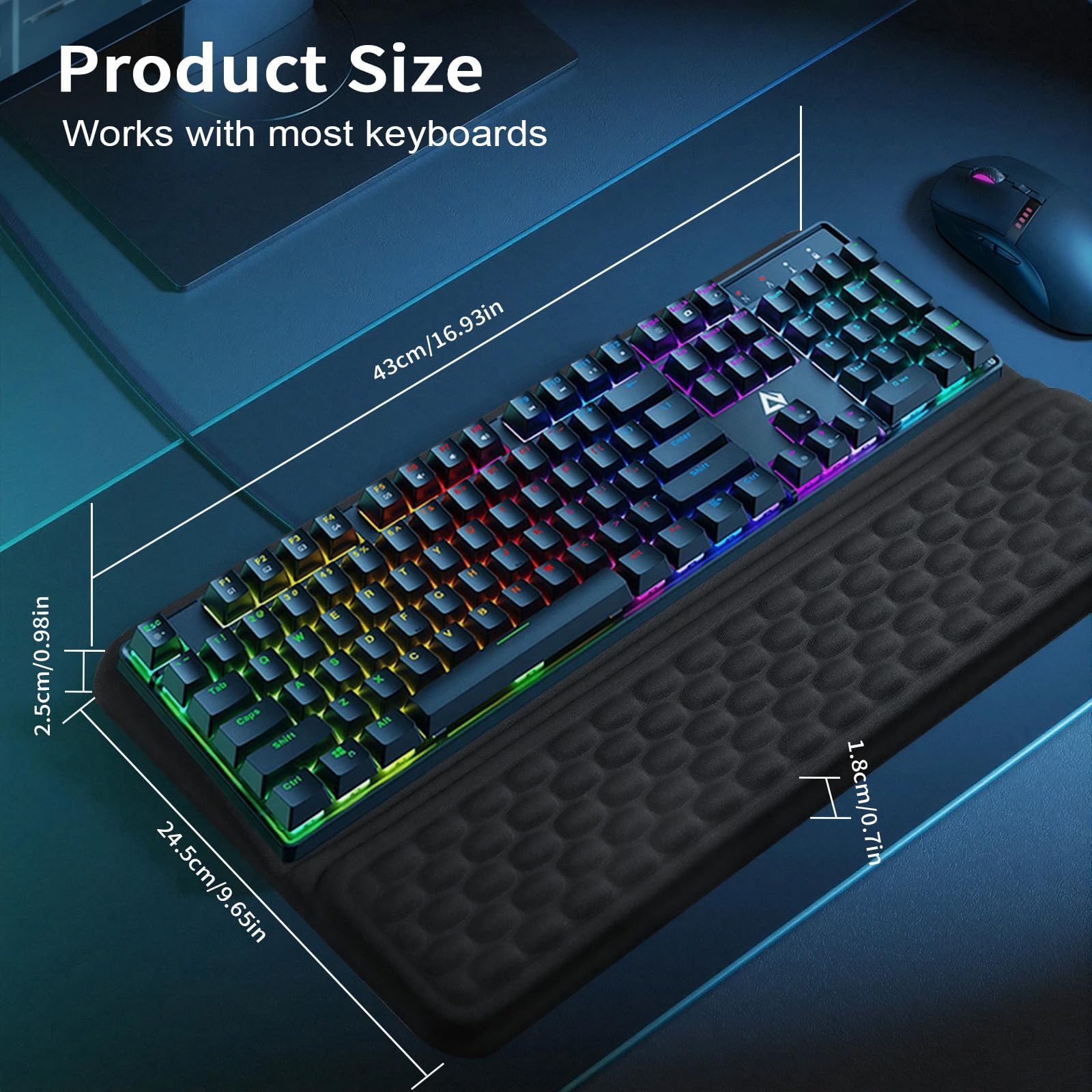 Fentar 2-en-1 Reposamuñecas Teclado con Soporte Negro, Reposa Muñecas para Teclado Ergonómico 43cm y Soporte de Espuma Viscoelástica Suave, Reposamuñecas con Fondo de Almohadilla de PU Antideslizante