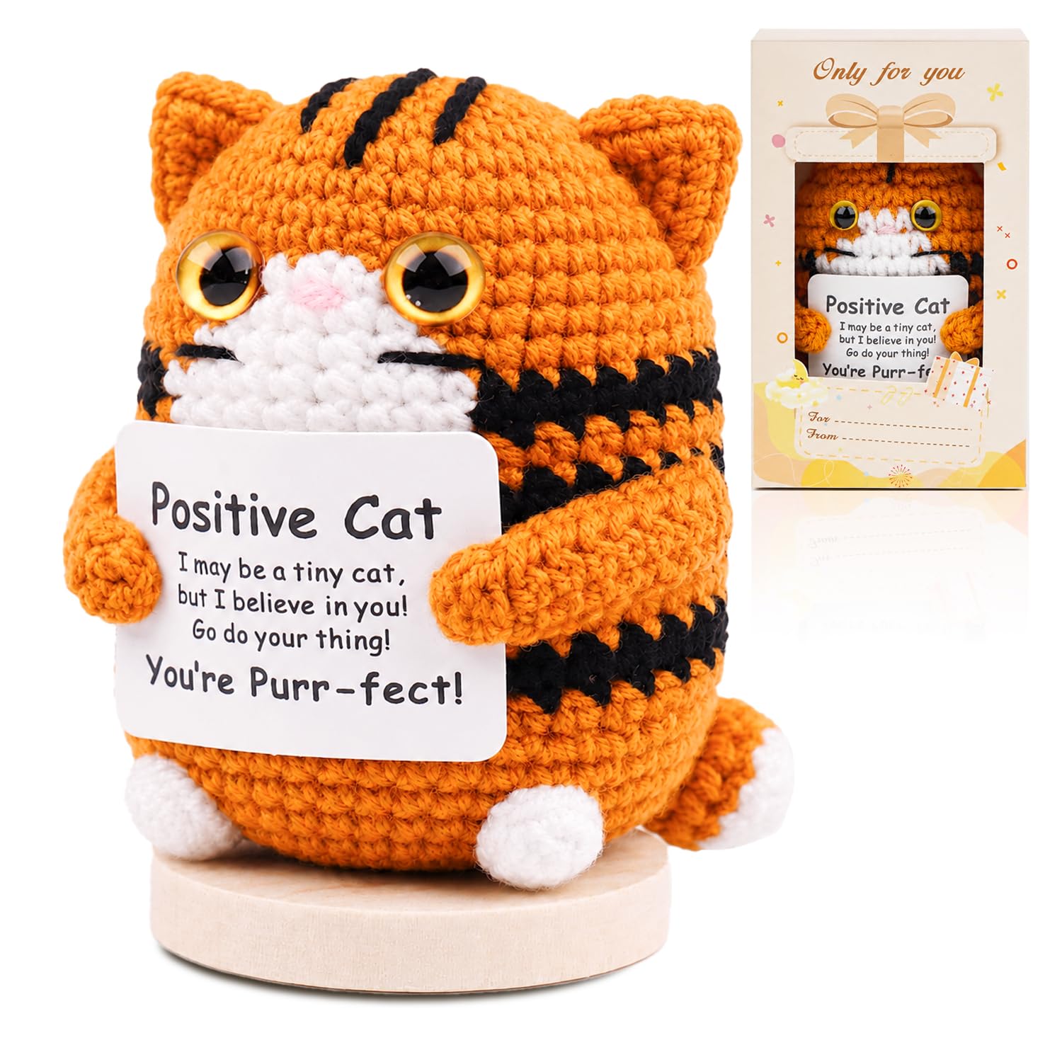 OLOSONG Positive Emotional Support Crochet Cat, Handmade Knitted Kitten Animal, Cute Mini Decor, Funny Gifts for Women Men Mom Grandma Friends, Birthday Christmas Thanksgiving Present(Orange)