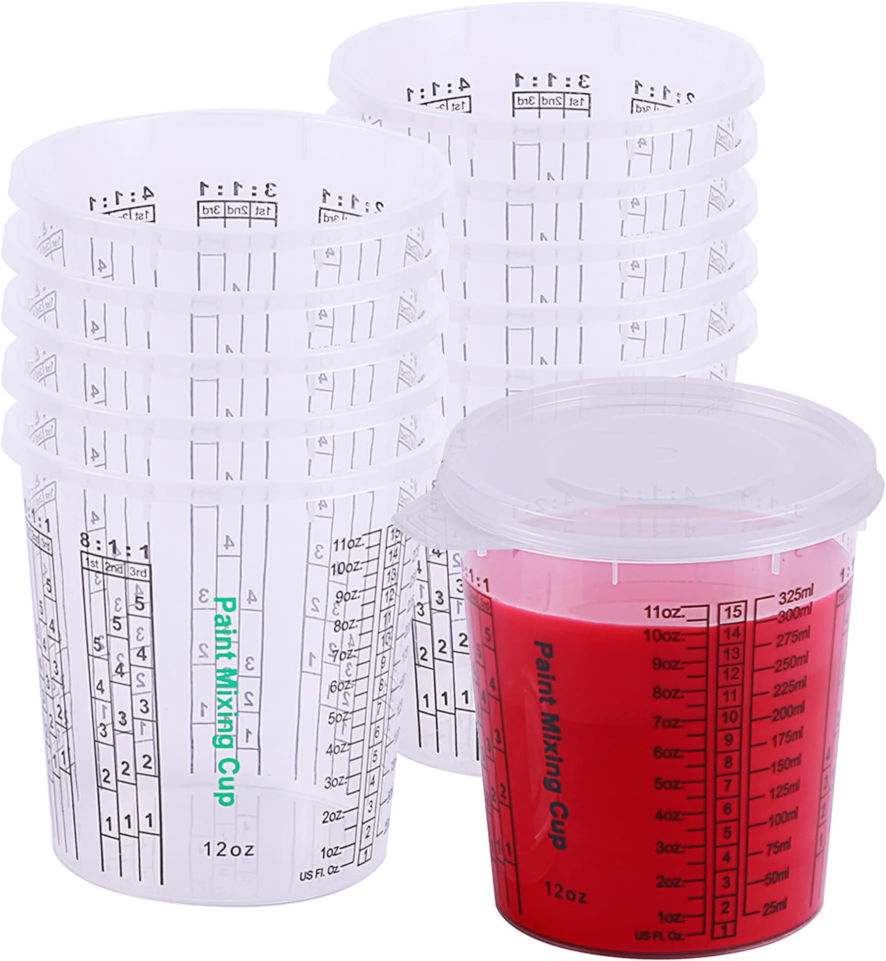 CANOPUS 12-oz Paint Mixing Cups, Pack of 12 Cups with 3 Lids, Reusable and Solvent-Resistant Clear Plastic Containers for Paint, Epoxy, Resin, Oil, and Thinner