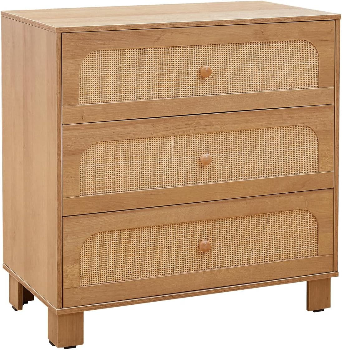 3 Drawer Dresser for Bedroom, Rattan Modern Closet Dressers Chest of Drawers, Wood Oak Storage Chest for Kids Bedroom, Hallway, Living Room