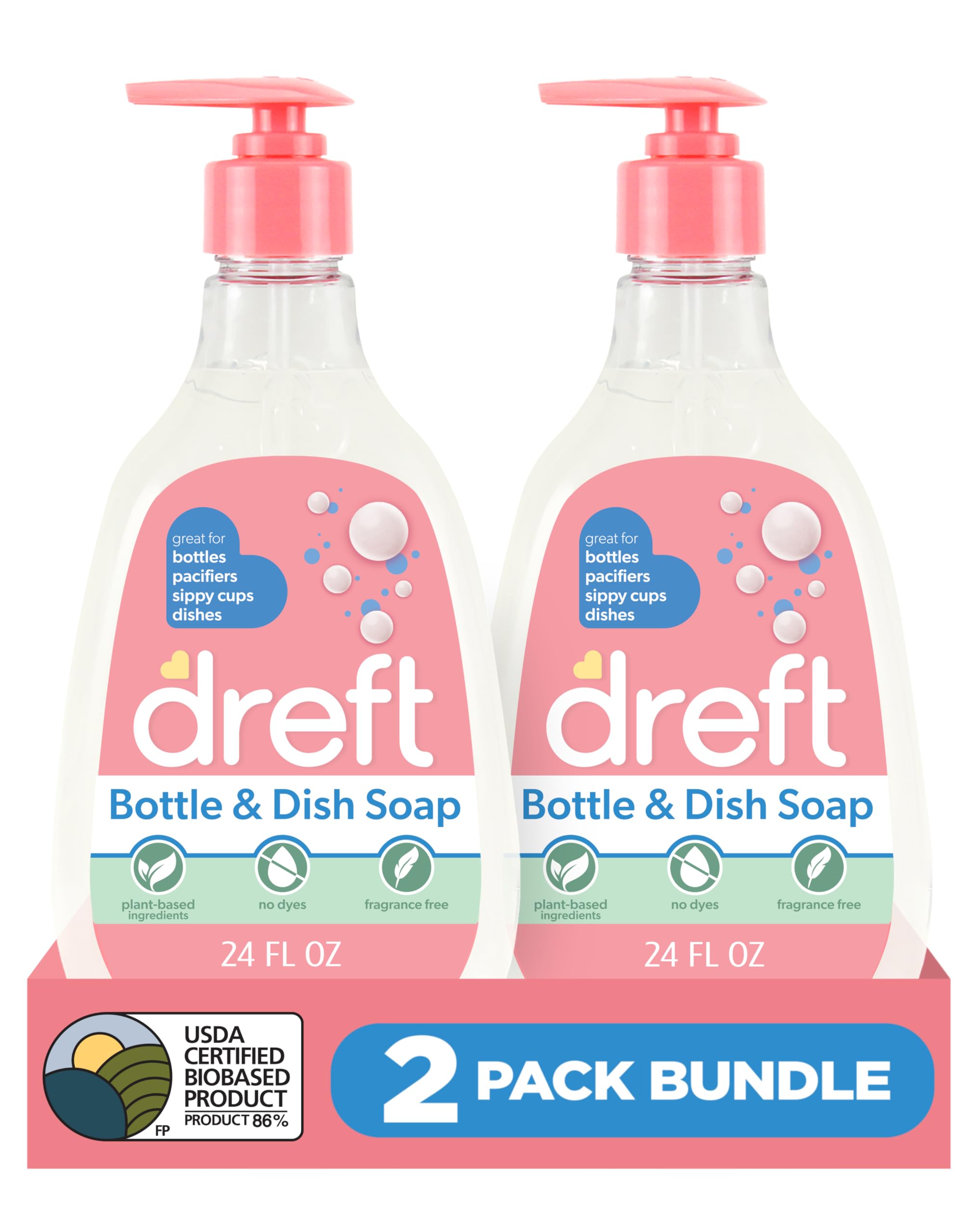 Baby, Bottle and Dish Soap, Removes Milk Film & Odor, Plant Based, Fragrance Free, Travel Size Bottles, 24 Fl Oz (Pack of 2)