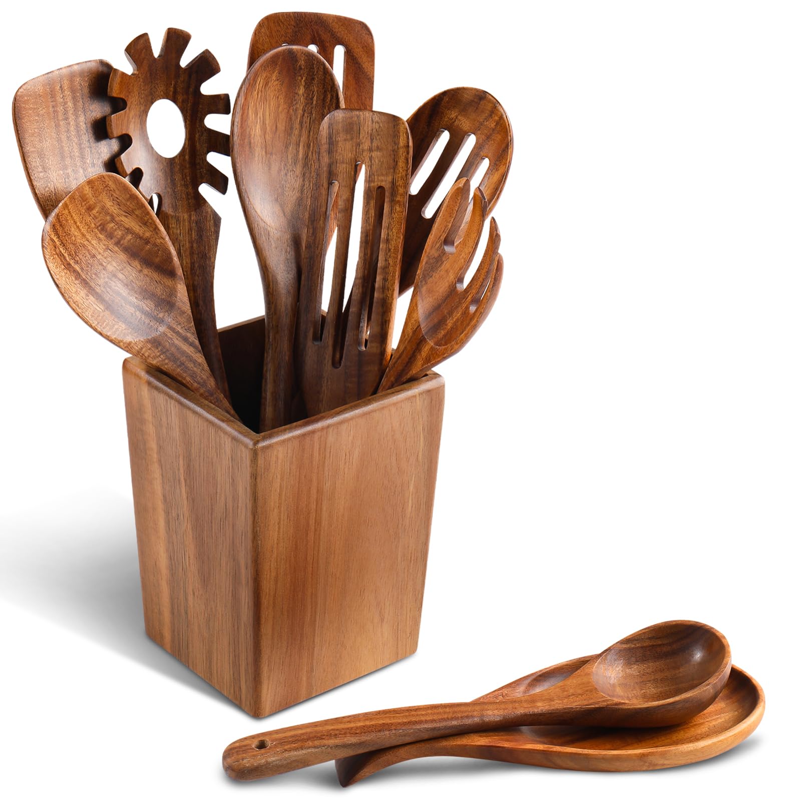 Holzlöffel zum Kochen, 11-teiliges Holz-Kochutensilien-Set mit Halter, Küchenhelfer aus natürlichem Akazienholz, antihaftbeschichtet, leicht zu reinigen, Küchenutensilien-Set für Mutter
