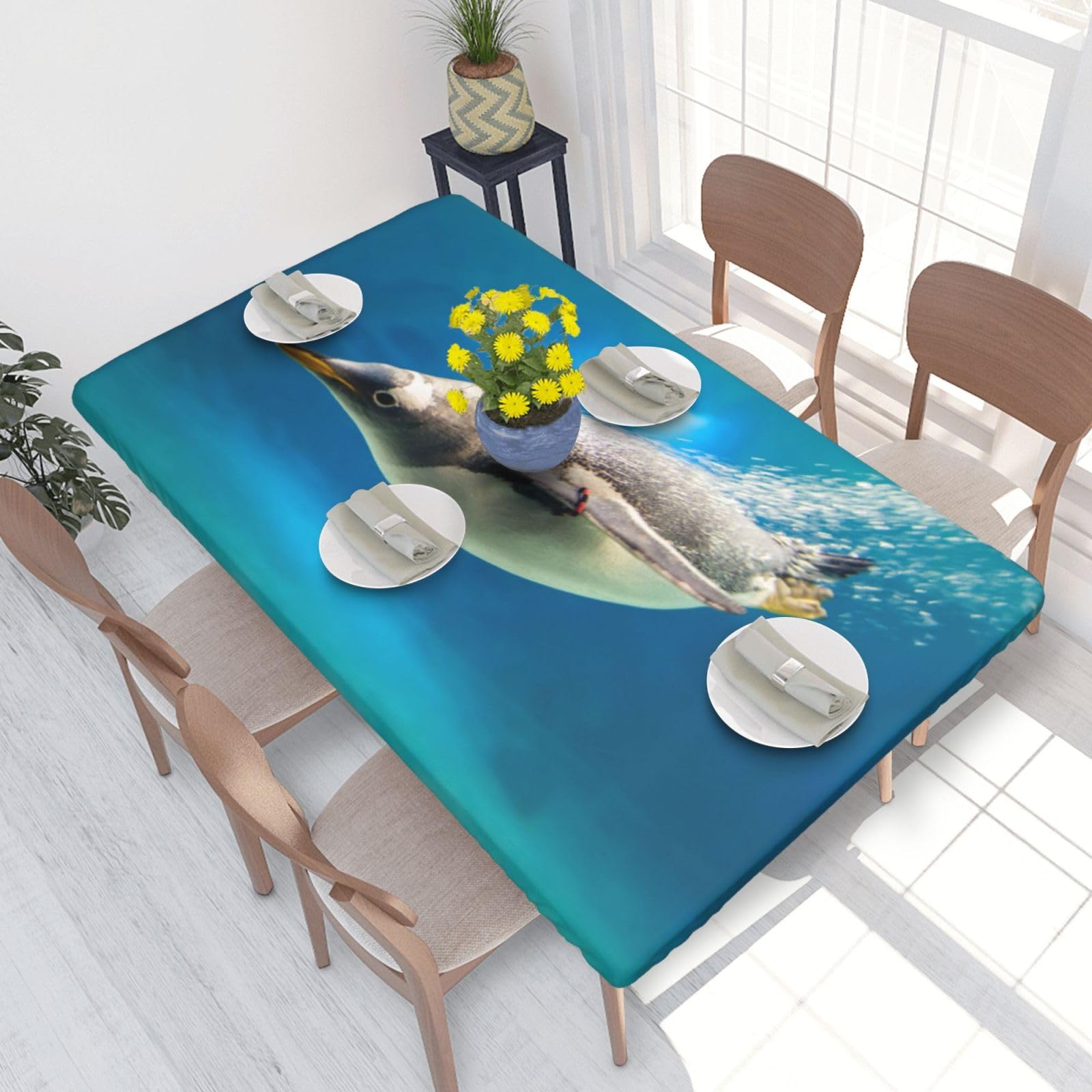BNVSADC Swimming Penguin Printed 4FT Tablecloth 122x76 CM Polyester Kitchen Water Resistant Table Cloth Dining Table Decoration Table Covers