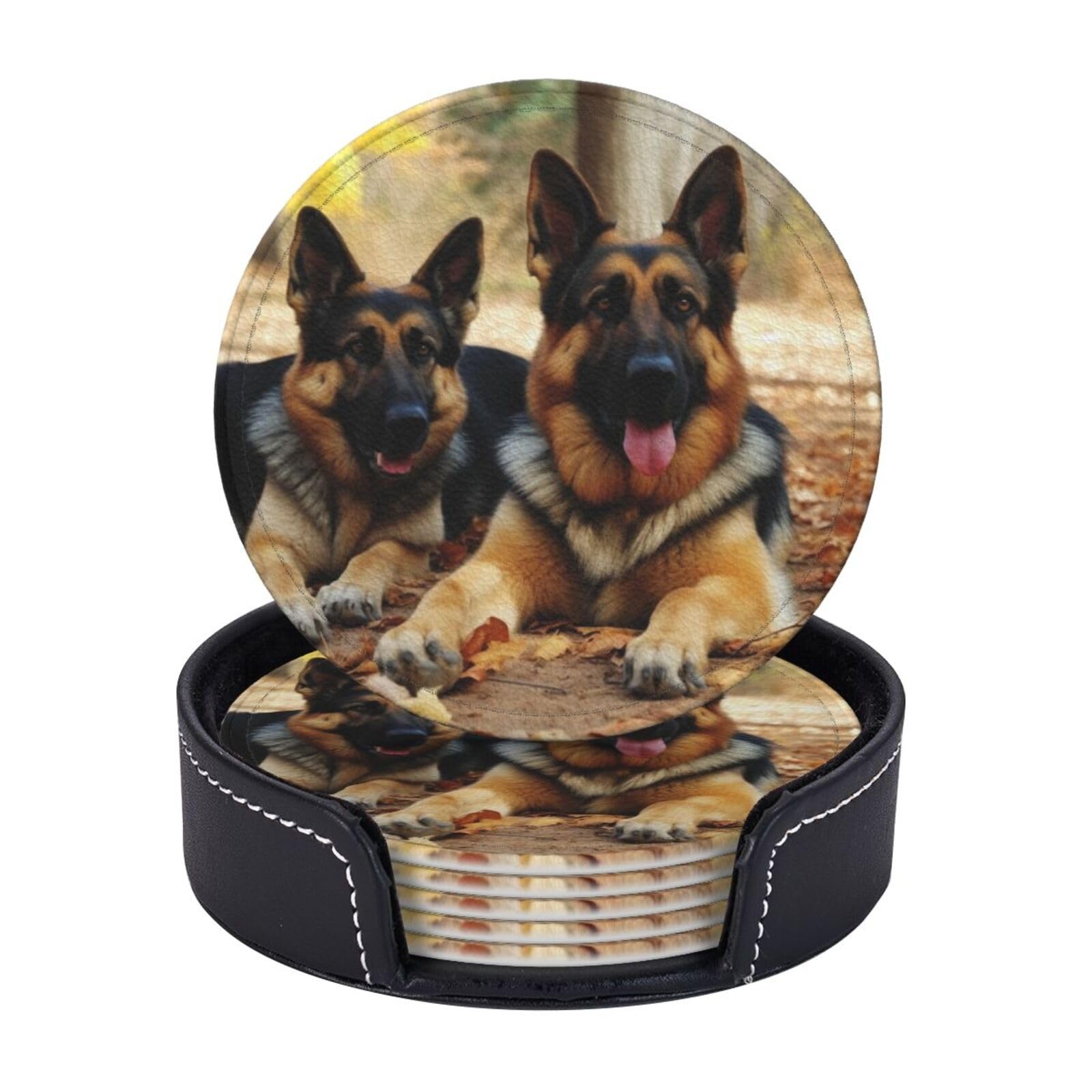 Round Coasters for Drinks Set of 6 - PU Leather Coasters with Holder - Modern Drink Coasters for Coffee Table - German Shepherd Dog Coaster for Tabletop Protection 4" Cup Mat Pad