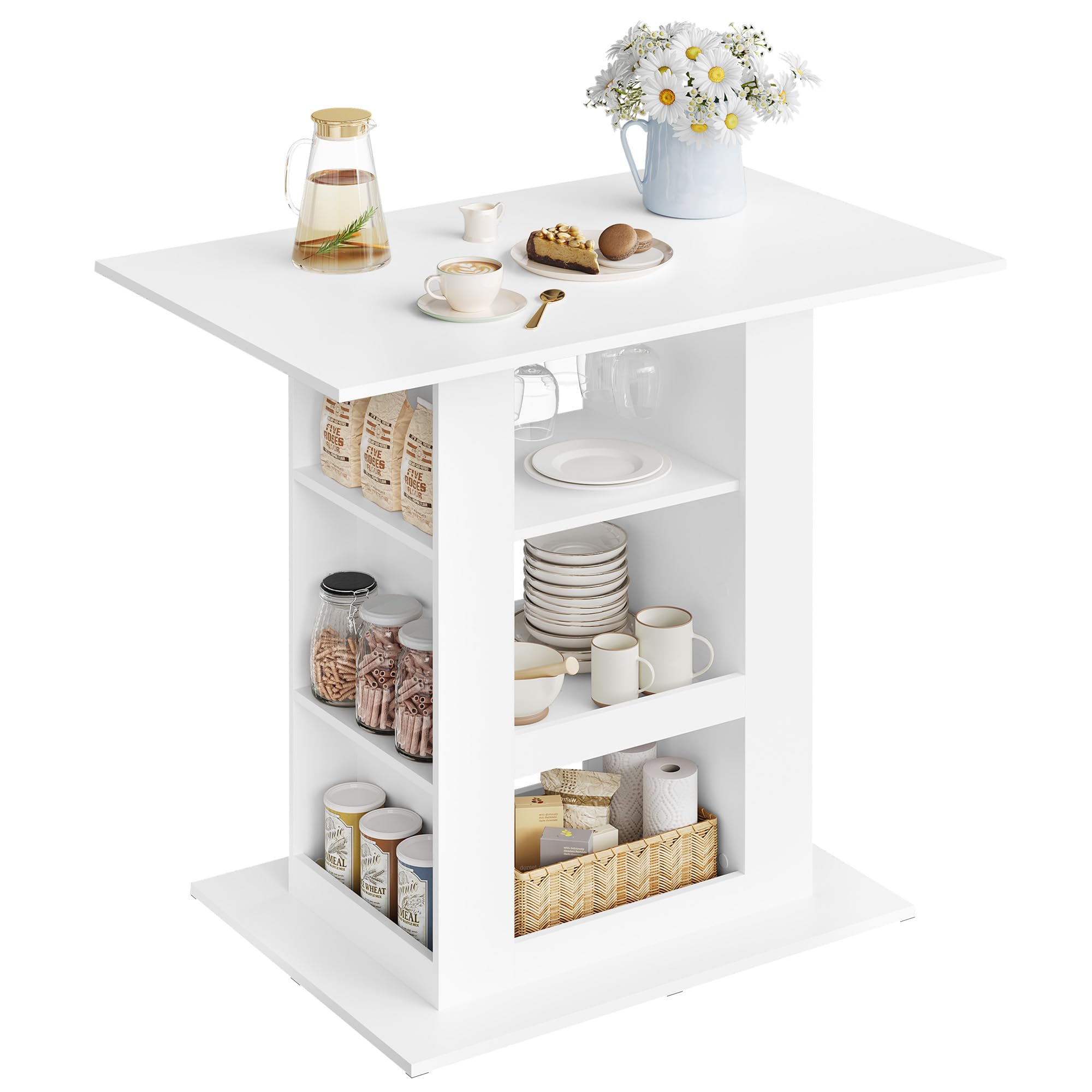 WOLTU Bartisch mit Stauraum, Stehtisch mit 2 Glashaltern, Esstisch für Bar Küche Wohnzimmer, Küchentheke aus Holz, Hochtisch 105x94x68 cm, weiß