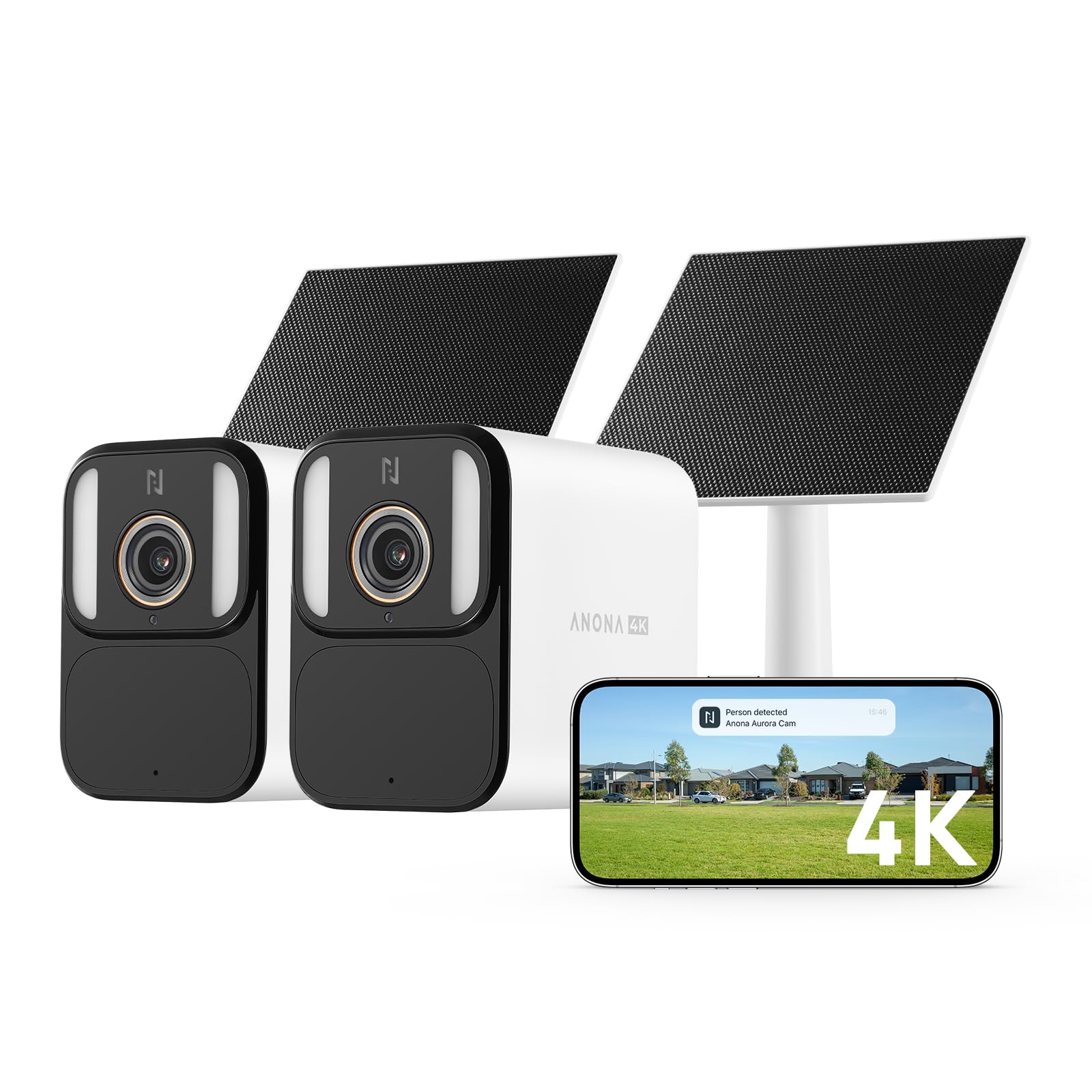 Anona 4K Solar Security Cameras Wireless Outdoor 24/7 AOV Recording, 2 Pack