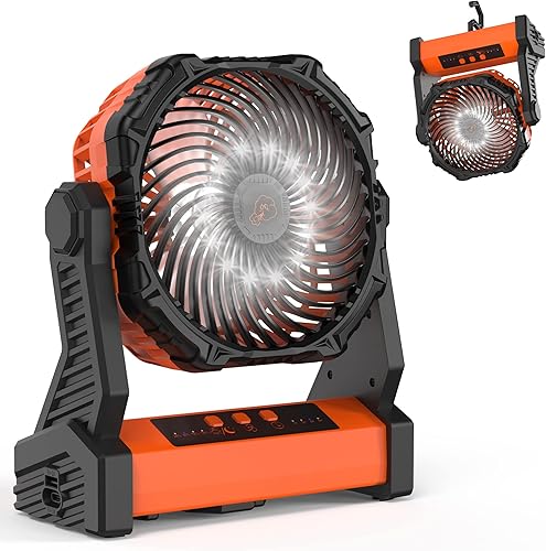 Ventilador de camping con linterna LED, 10000 mAh, recargable, funciona con pilas, para exteriores, con luz y gancho, pivote de 270, 3 velocidades,