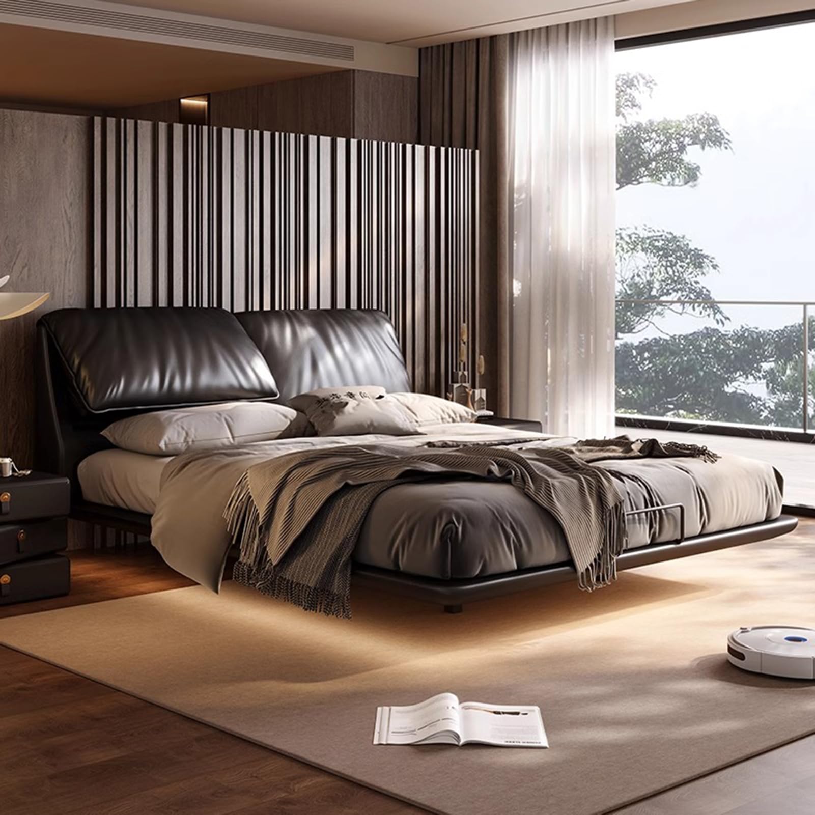 Black King Size Genuine Leather Wood Bed Upholstered Platform Bed Frame with Headboard and Storage Drawers Wooden Slats