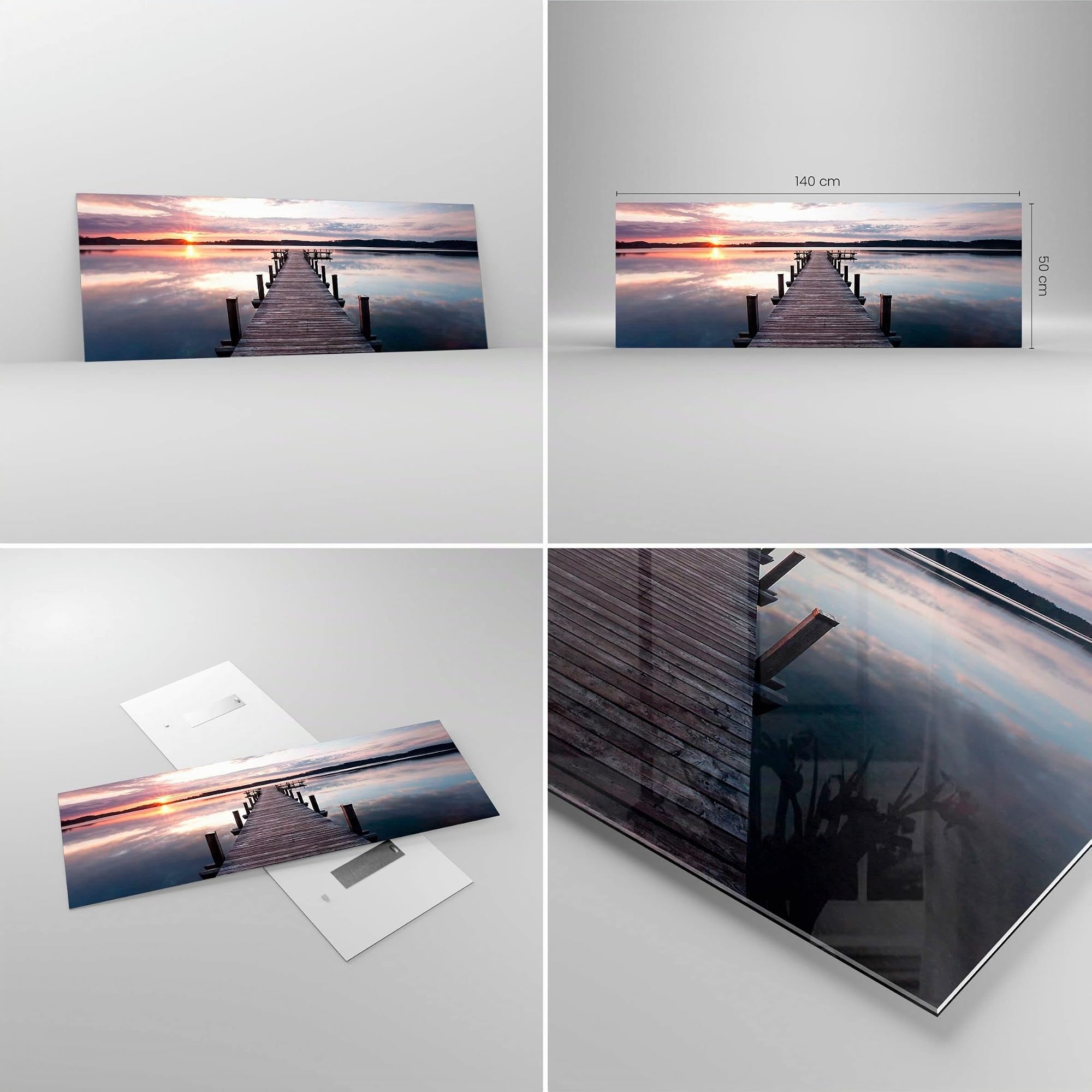 Moderne Impression sur Verre Passerelle Lac Coucher de soleil soir Image Tableau en Verre Decoration Murale 140x50cm Deco Salon Chambre Panoramique Grand XXL Tableaux Decoratifs Art GAB140x50-2635