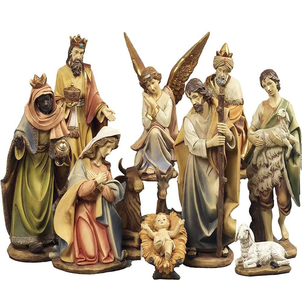 Generico Presepe Natività Lusso con 11 soggetti Fino a 25 cm Personaggi Statue in Resina Natività Giuseppe Maria Gesù Bambino, Re Magi, Bue e Asinello, Angelo, Pastore con Pecora