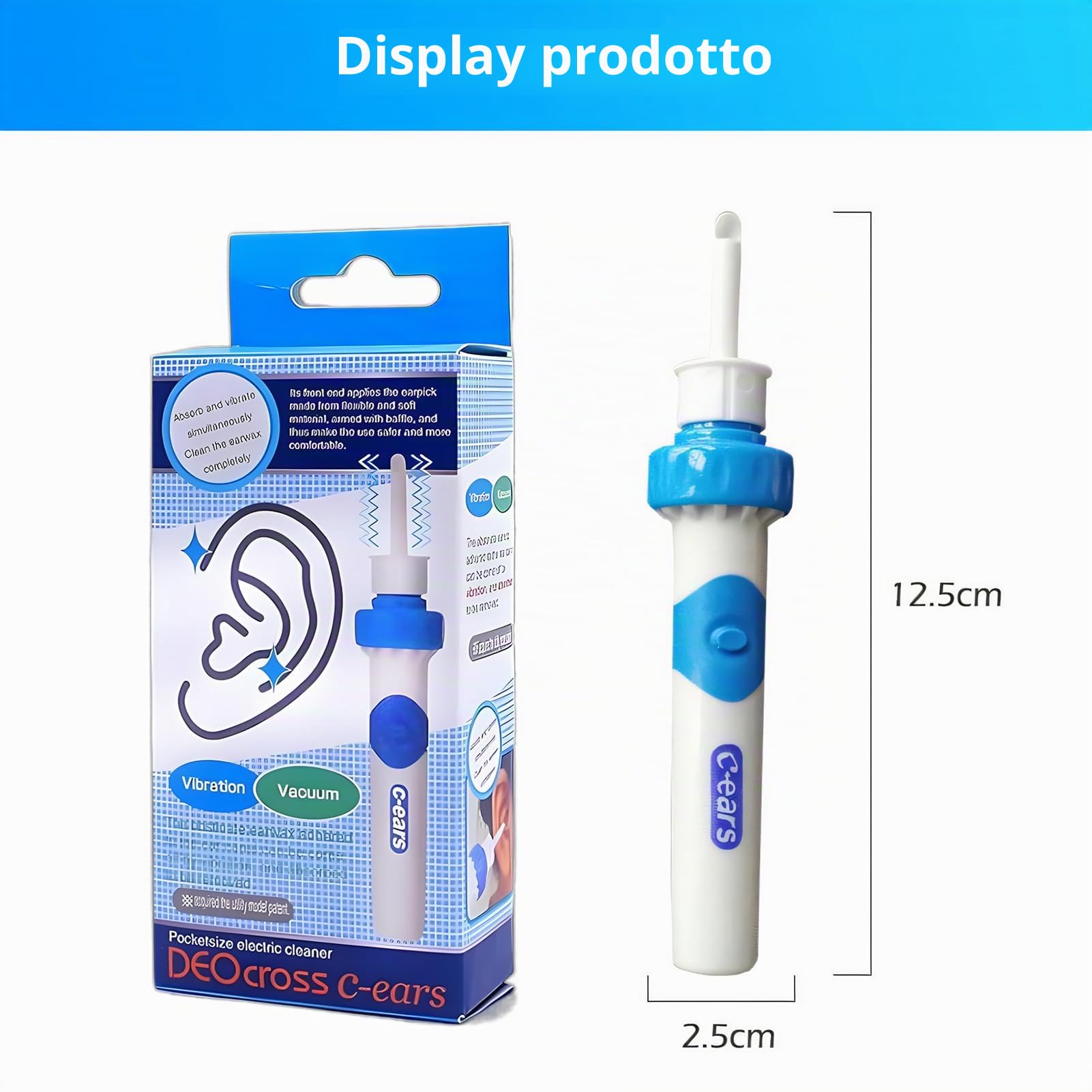 Aspiratore Cerume Orecchie Elettrico Pulisci Orecchie con Aspirazione, 2 Testine Silicone + Spazzolina, pulizia orecchie adulti bambini, aspiratore di cerume, funziona con Batterie AAA