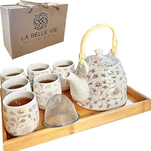 Juego de té tradicional japonés blanco, con bandeja e infusor para 6 personas, olla de porcelana (32 onzas) y tazas, bonito regalo para cumpleaños,