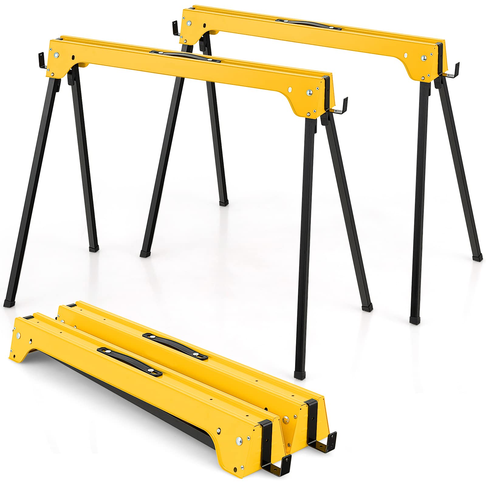 COSTWAY Folding Saw Horse Twin Pack, Heavy Duty Work Bench with 2 x 4 Support Arms & Carry Handle, Fully Assembled Trestle Stands Sawhorse, Max Load 454kg/1000kg (454kg, Yellow, Metal, 92x48x74cm)
