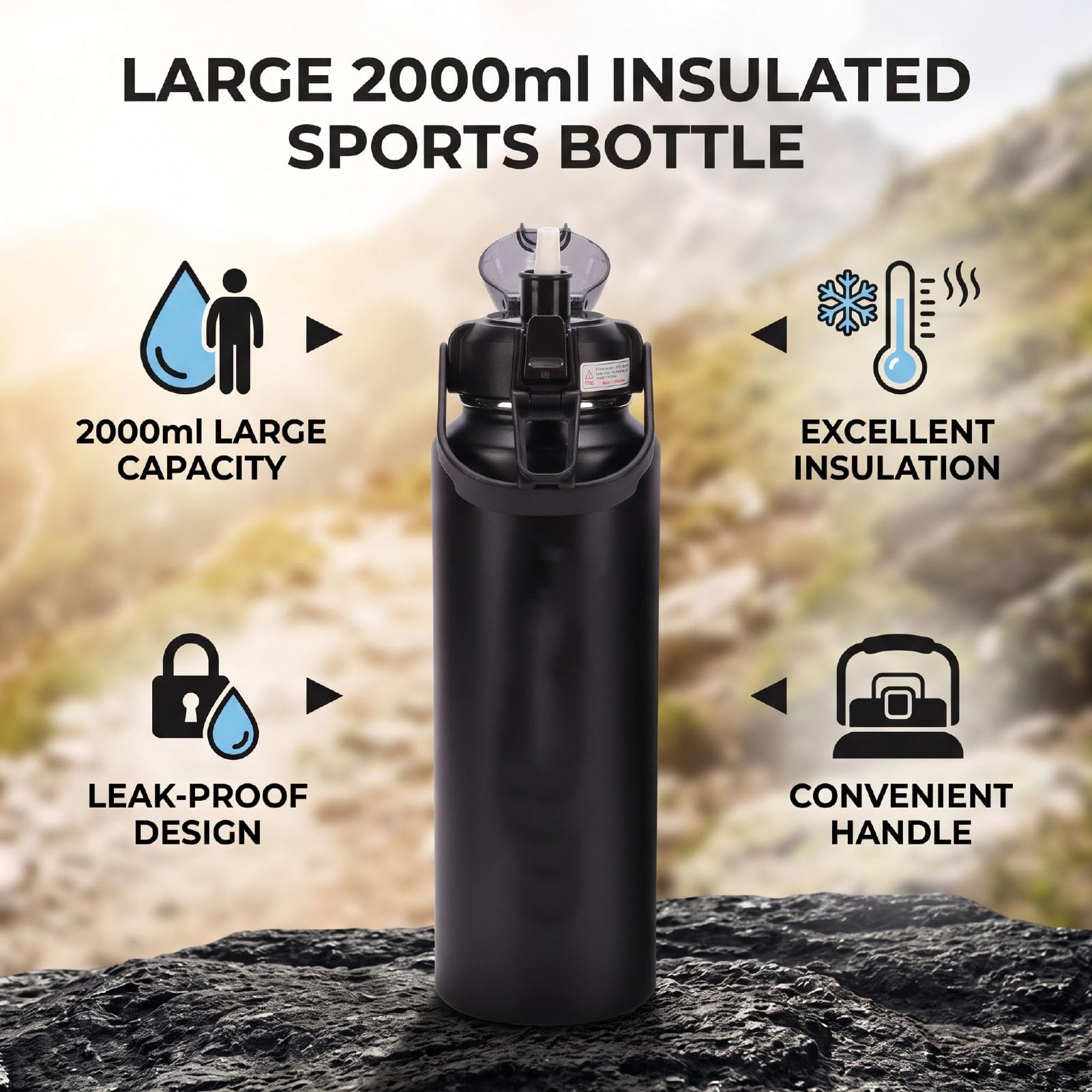 AMONIDA Bouteilles D'eau 2000ML étanches avec Couvercle 2 en 1 pour Salle