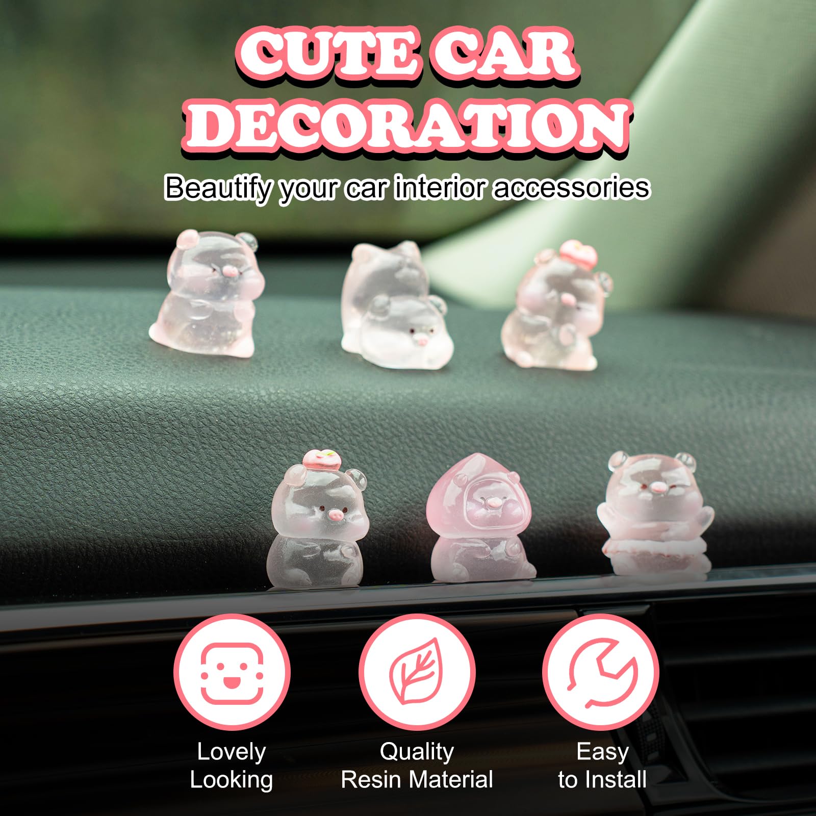Rislobx Luminous Pig Car Dashboard Decor, 6PCS Cute Pig Rear View Mirror Screen Ornament Interior Accessories for Home Office