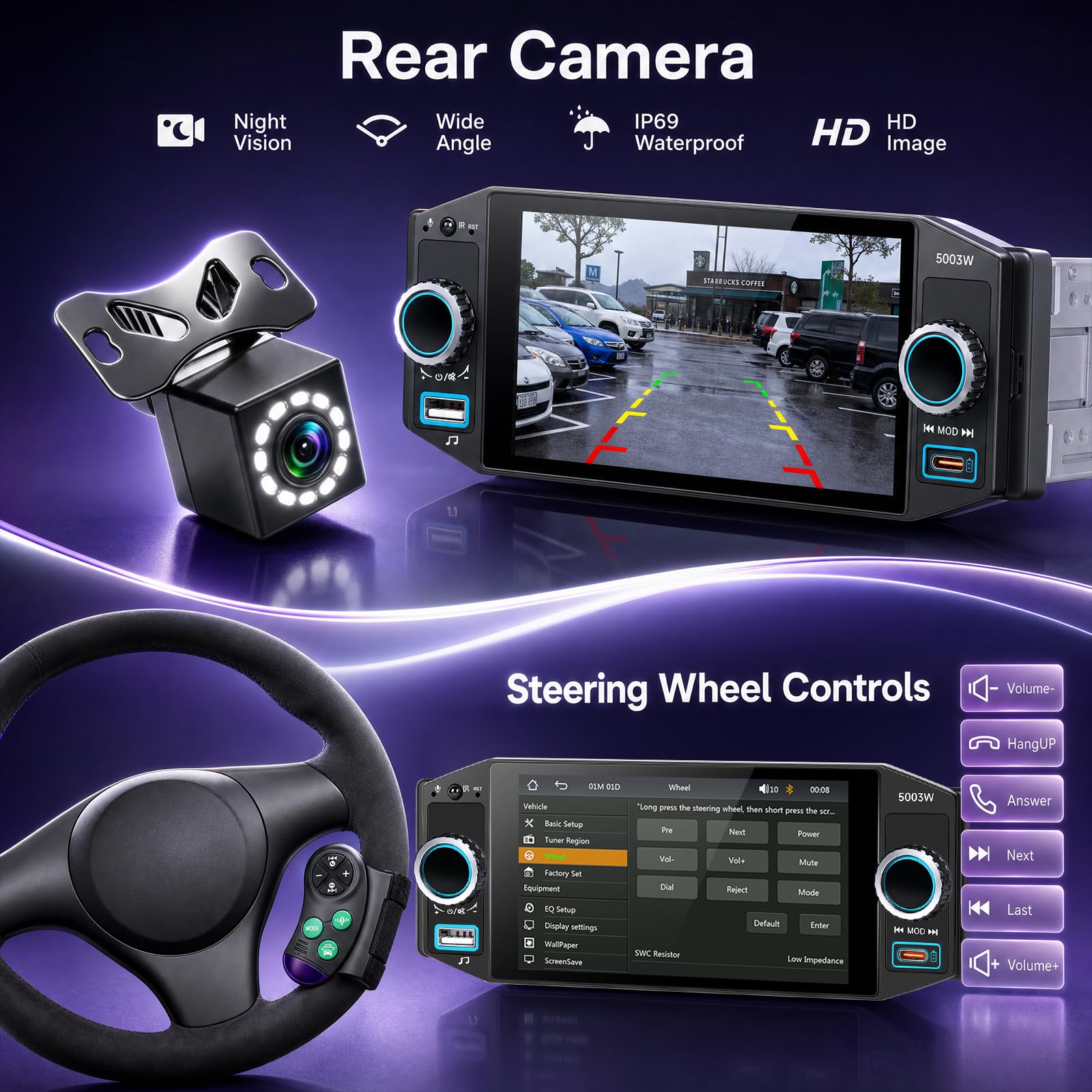 Hodozzy Radio samochodowe 1 DIN z ekranem, bezprzewodowe odtwarzanie kart Android Auto i AirPlay, 5-calowy ekran dotykowy, AM/FM/RDS radio z Bluetooth, odtwarzacz MP5 1 DIN z EQ, Type-C/USB/AUX/SWC