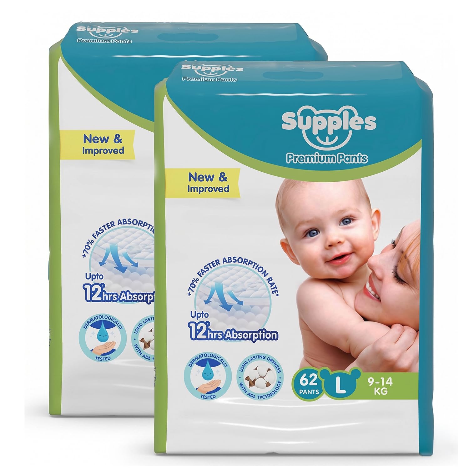 Amazon Brand - Supples Premium Baby Diaper Pants | 124 Baby Diapers | Large | 9-14 Kg | 62 x 2 Packs | 12 Hrs Absorption | Cushiony Cotton Soft Fabric | Phthalates-Free | Triple Leak Guard-image-30