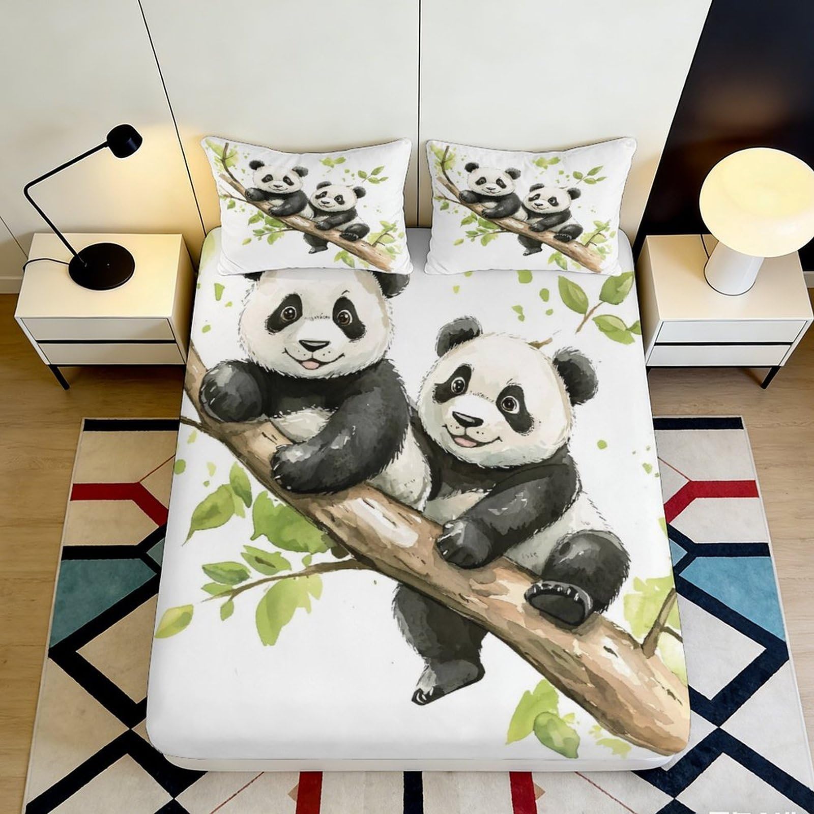 3D Printed Cute Panda Fitted Sheet Microfiber Soft Cartoon Animal Bed Cover for Bedroom Dorm Mattress Decor 90x200x25cm