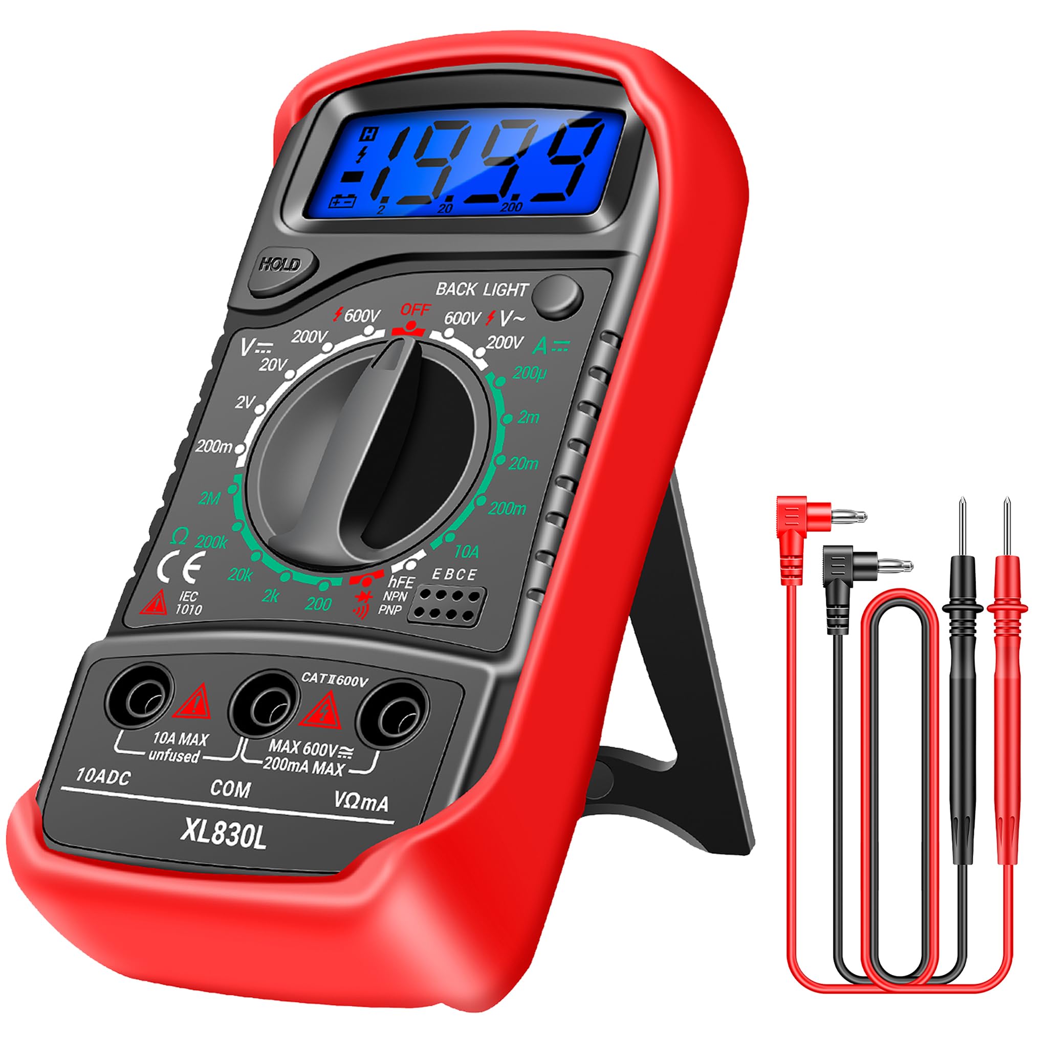 IndoTeam Digital Multimeter Tester - Voltmeter Ohmmeter Ammeter Multi Voltage Tester Meter with Backlit LCD Electronic Test Meter - Voltage Testers measures Voltage, Current, Resistance, Diode