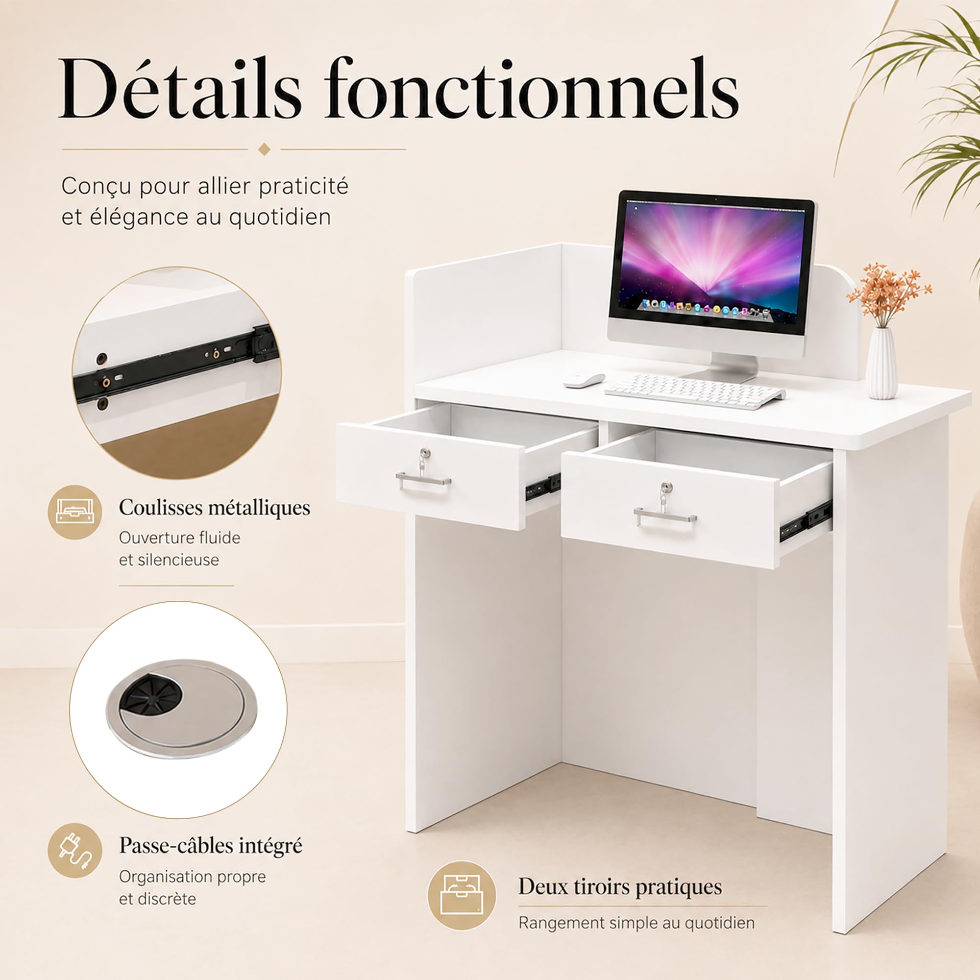 Comptoir Caisse Compact, 2 Tiroirs à Serrure, Passe-câbles