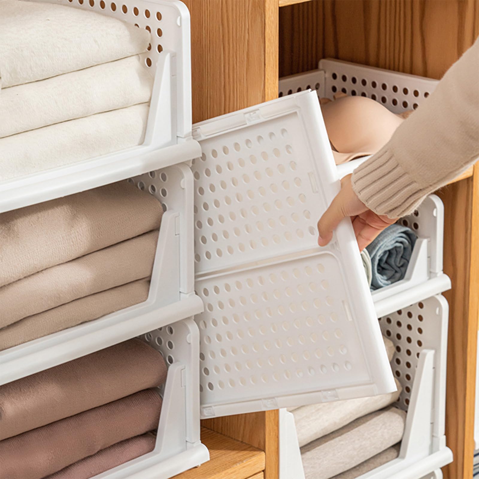 Yidaxing Organizer Armadio Cassettiere, Set di 4 Organizer Pieghevole Impilabili in Plastica per Armadio per Vestiti, Camera da letto, Casa, Cucina, Bagno, Bianco (43 x 33 x 72cm)