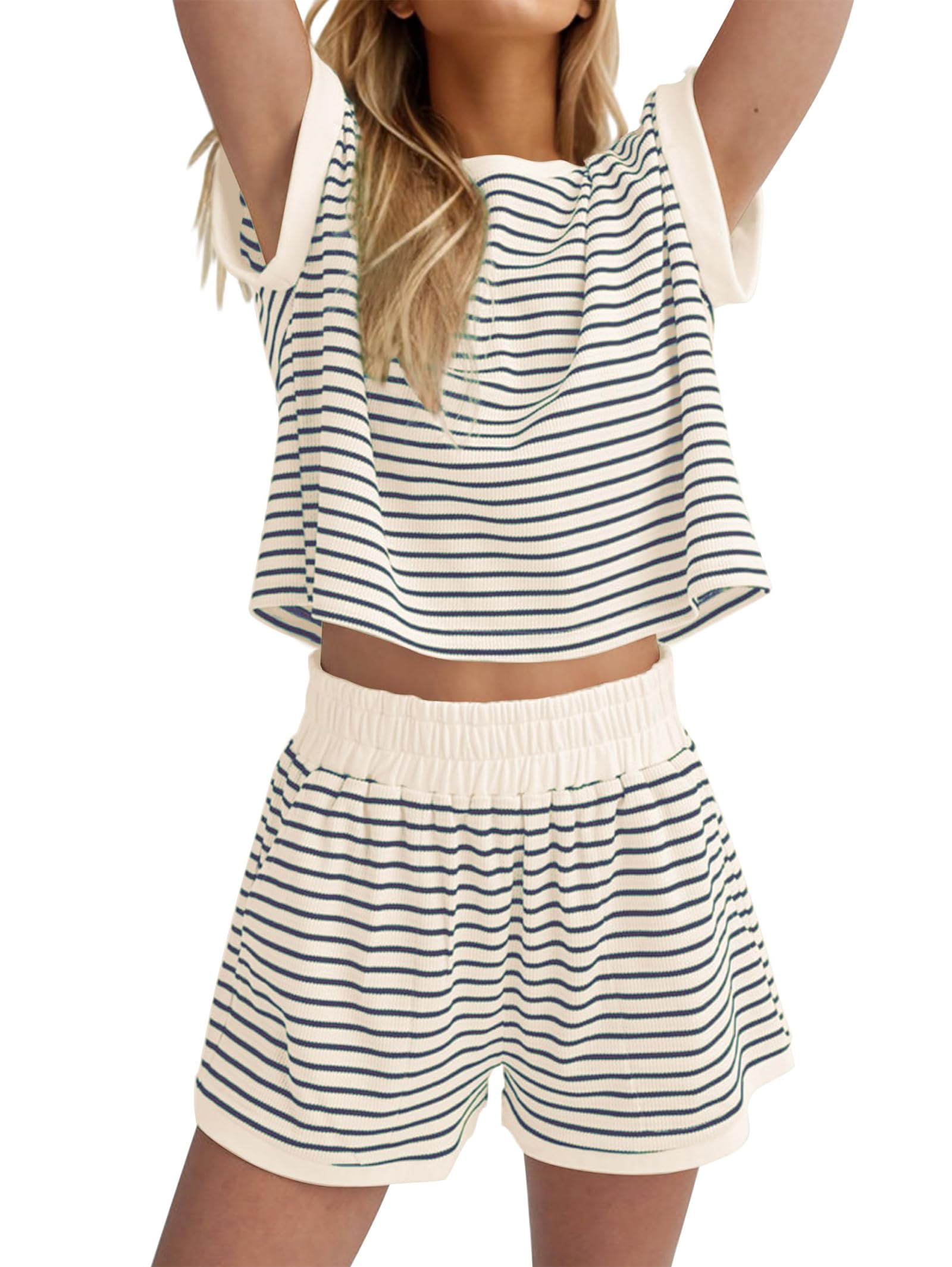 Famulily Pigiama da donna a righe estivo morbido Loungewear Top e pantaloncini Co ord Set con tasche
