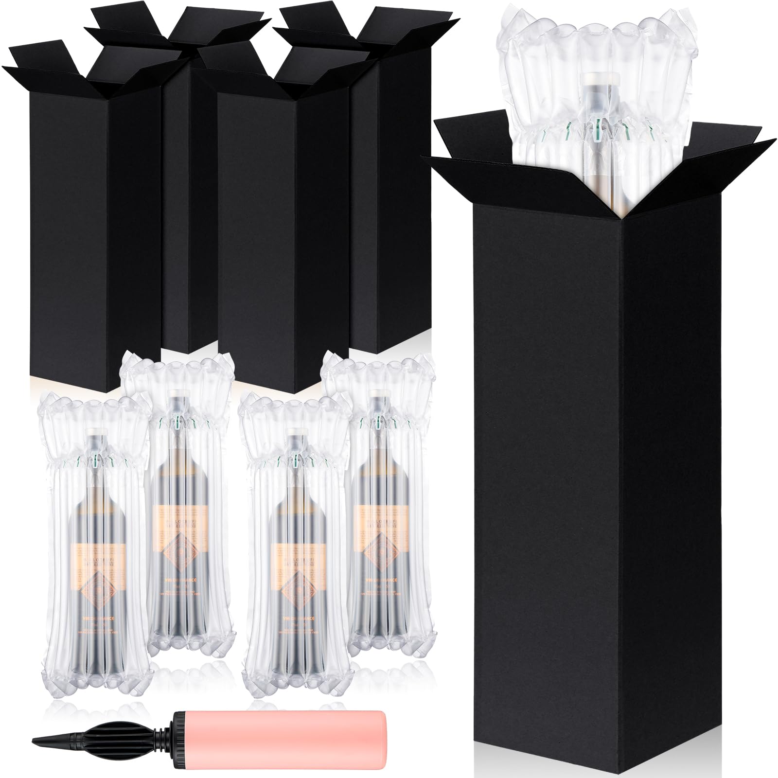 Tenceur 50 Sets Christmas Wine Shipping Box, Include Wine Boxes Protector Bags and Pump, for Shipping Travel Moving Safety of Glass Bottles (Black)