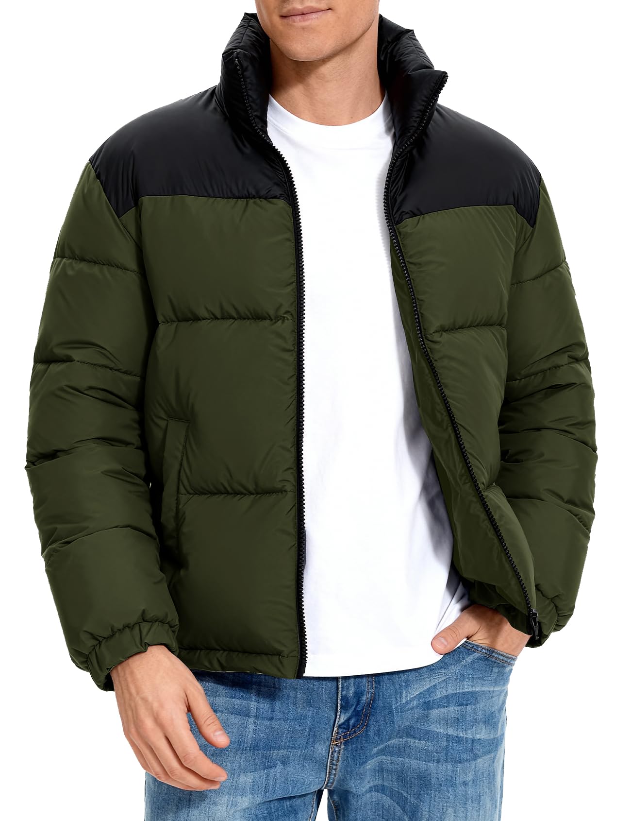 PEHMEA Mens Puffer Jacket Stand Collar Zipper Coat with Pockets Retro Bubble Outwear for Winter