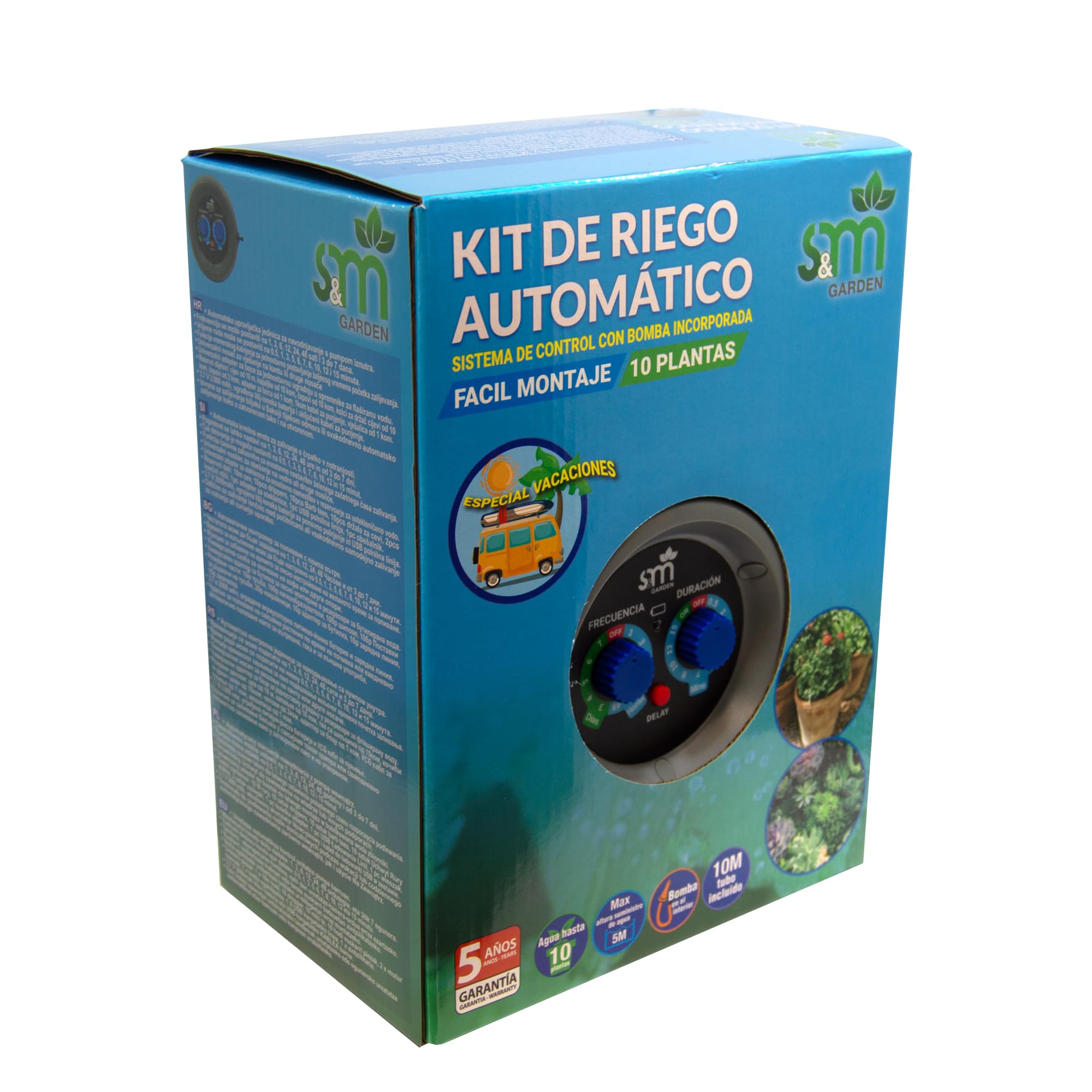 S&M 590146 – Kit de riego automático por goteo con unidad de control programable, cable de carga, tubo de PVC de 10 m, 10 goteros, 10 estacas y otros accesorios | Fácil de instalar y personalizable