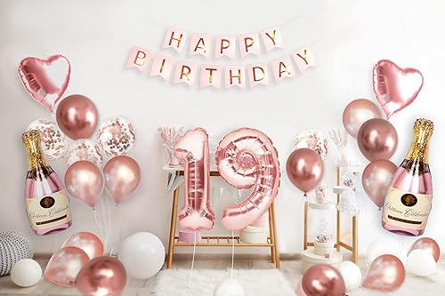 Miniatura 3 de Decoraciones de fiesta de cumpleaños número 19, suministros de oro rosa, juego grande para mujeres y niñas con globos de feliz cumpleaños y globo de