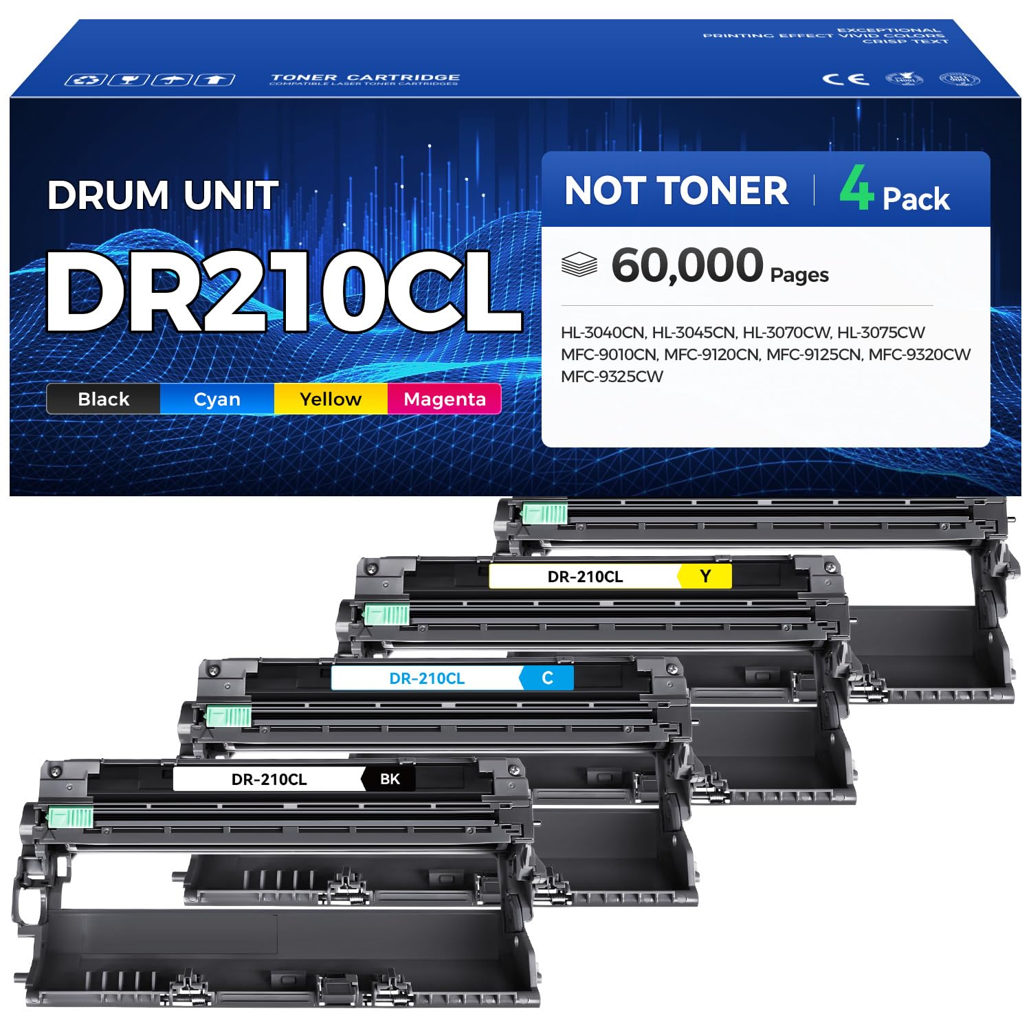 DR210CL Drum Unit (Not Toner) 4-Pack Replacement Compatible for Brother DR-210CL Imaging Drum for MFC-9325CW MFC-9125CN HL-3070CW 3040CN 3045CN 3075CW MFC-9320CW MFC-9120CN 9010CN Color Printer Black