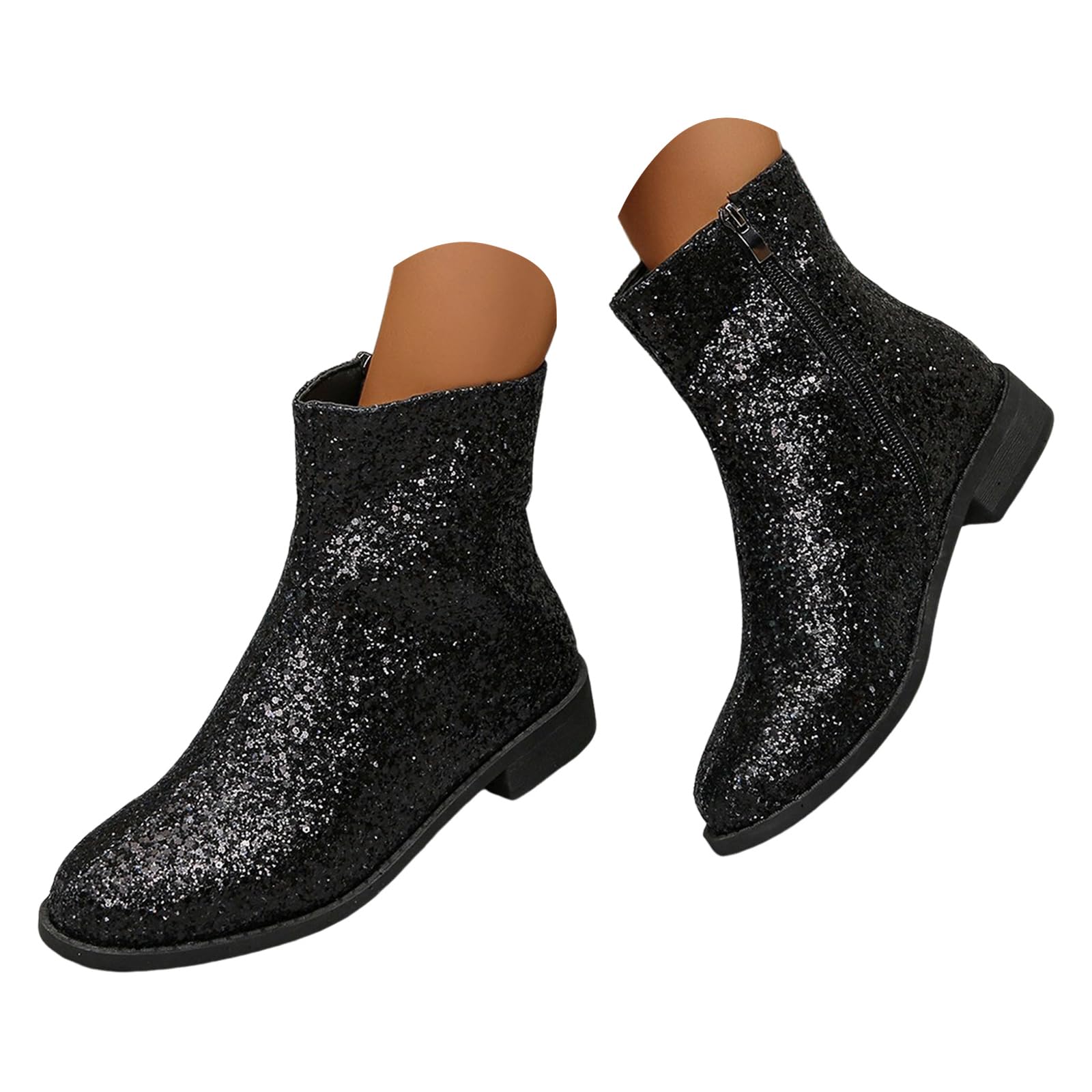 Sparkle Ankle Boots for Women Round Toe Low Chunky Heels Glitter Booties Dressy Shoes Womens Block Heel Zipper