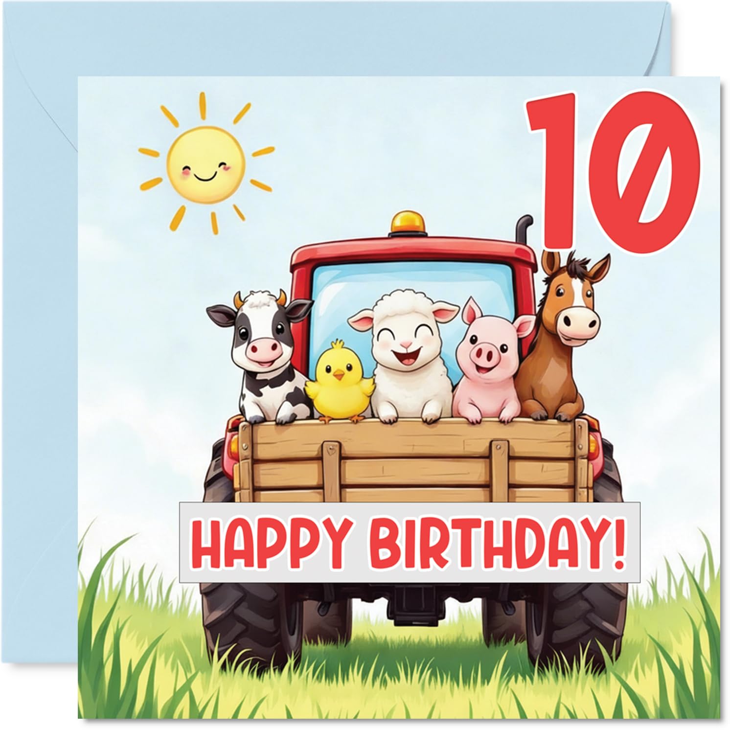 Playful 10th Birthday Card - Farmyard Fun in Full Swing - Colourful Animals on a Tractor Illustration - Bursting with Cheerful Birthday Vibes - 145mm Square, Envelope Included