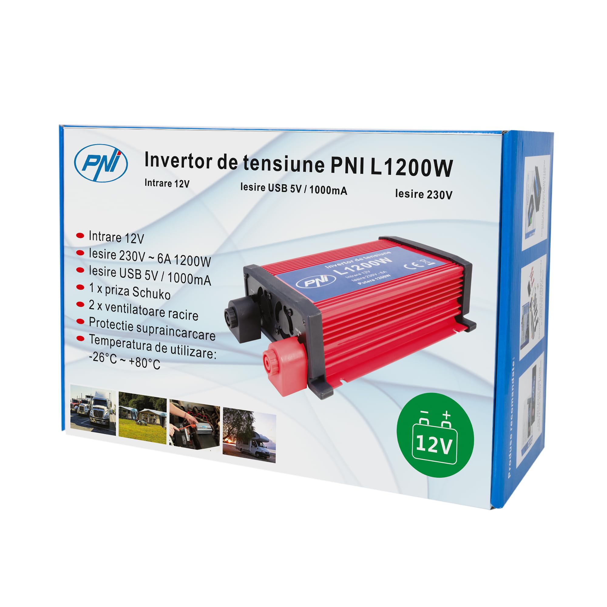 Invertitori di corrente, Power inverter PNI L1200W, ingresso 12V - uscita 230V, potenza in uscita 1200W, 1 x presa 230V, USB2.0