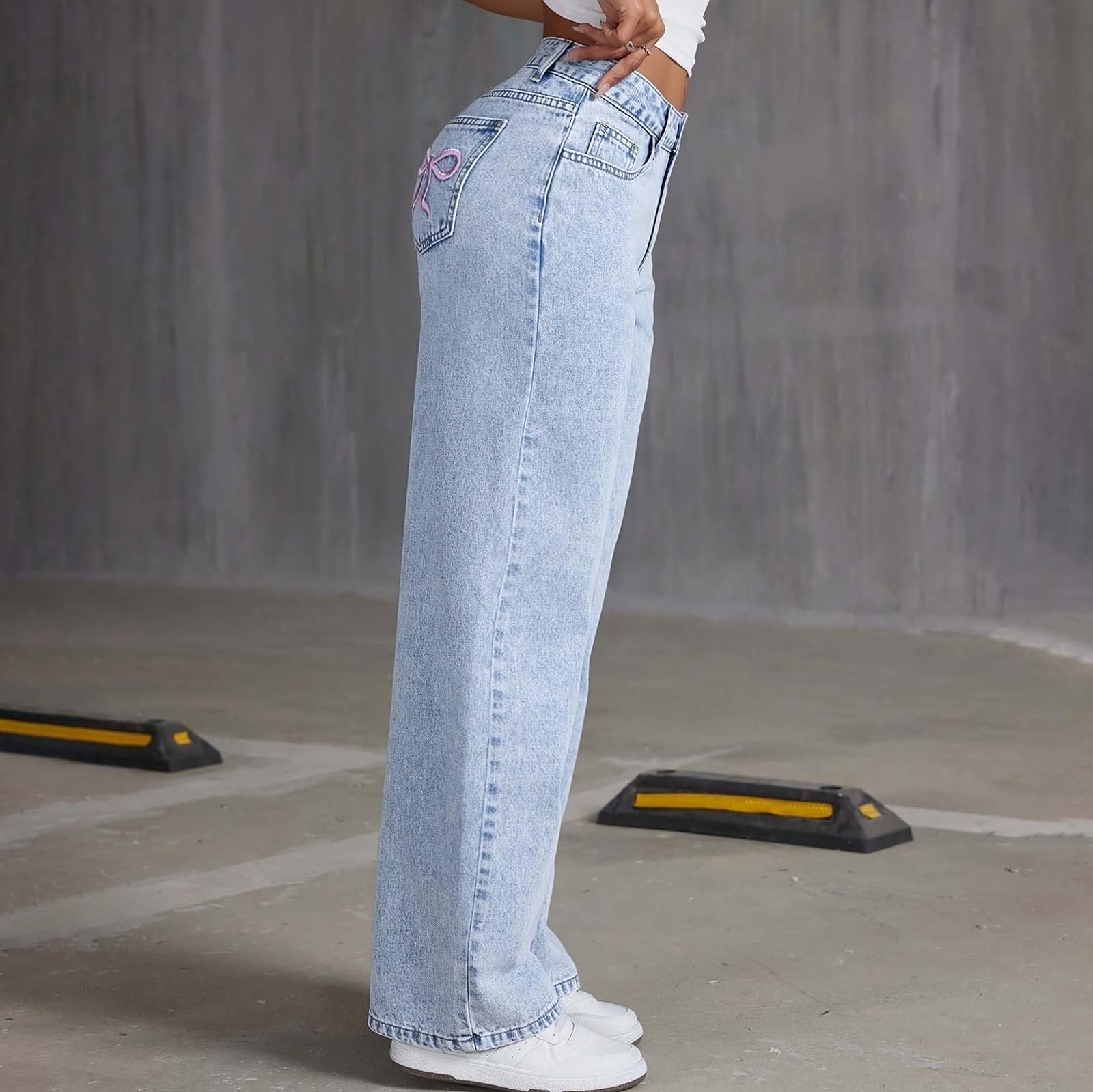 Pantaloni in Denim a Vita Alta Svasati per Ragazze Adolescenti con Tasche Posteriori Ricamate e Lavaggio a Fiocco di Neve, Design a Gamba Larga, Comodi Jeans Elasticizzati, Pantaloni Casual alla Moda