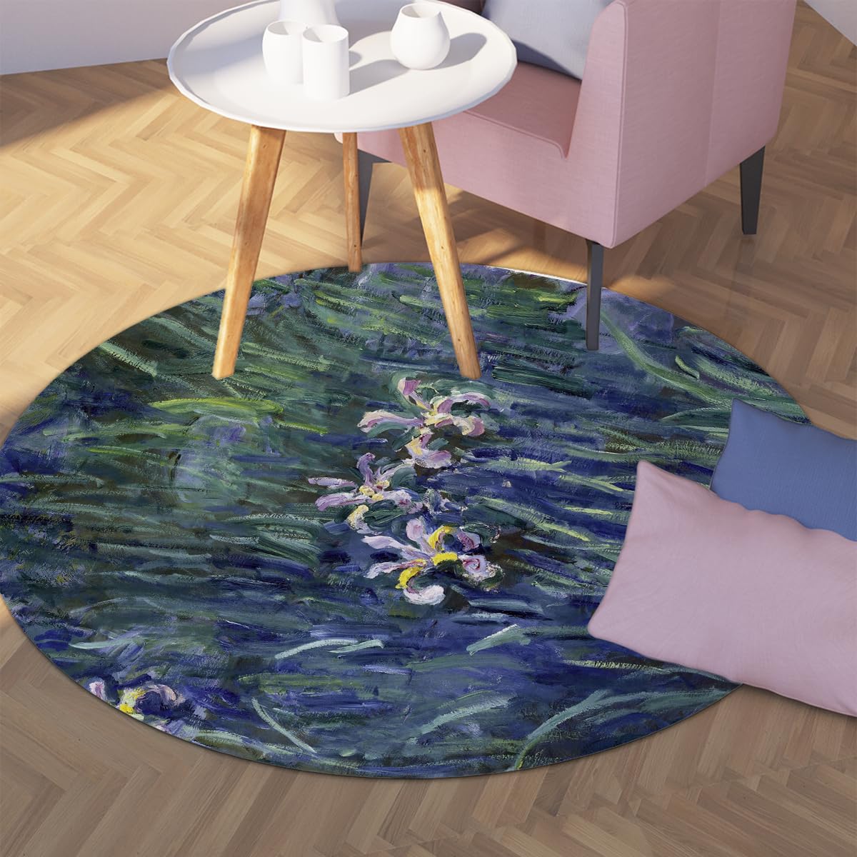 Runde Teppiche 70cm Botanischer Iris-Teppich für den Eingang | Maschinenwaschbarer rutschfester Kreisteppich Impressionistenkunst Weicher Flachprofil-Innenteppich für Leseecke