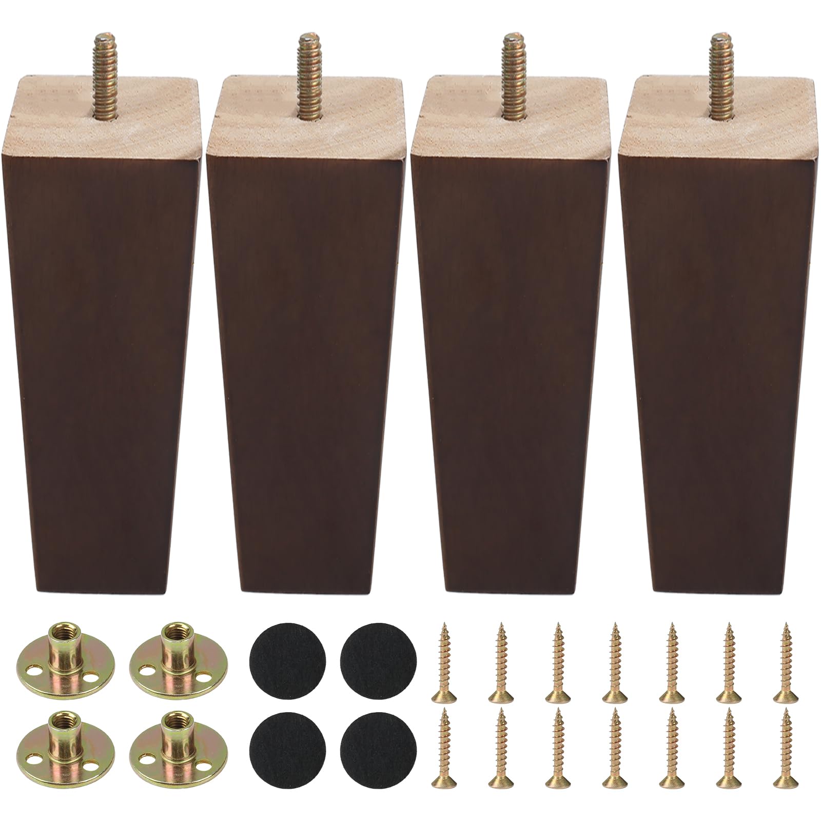 Zythrem Wooden Furniture Legs 15cm/6inch Walnut Sofa Legs Set of 4 Wooden Bed Leg Chair Leg Square Furniture Feet Replacement Sofa Feet with Mounting Plates Screws Protection Pad for Couch Cabinet