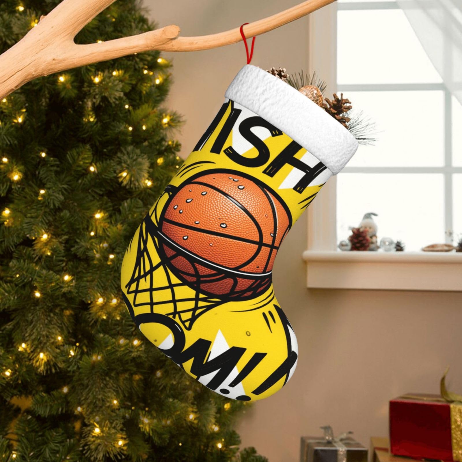 Velvet Christmas Stockings 17.7 Inch, Basketball Xmas Stocking with Soft Cuff,Classic Personalized Christmas Tree Decoration for Family Holiday New Year Party Supplies