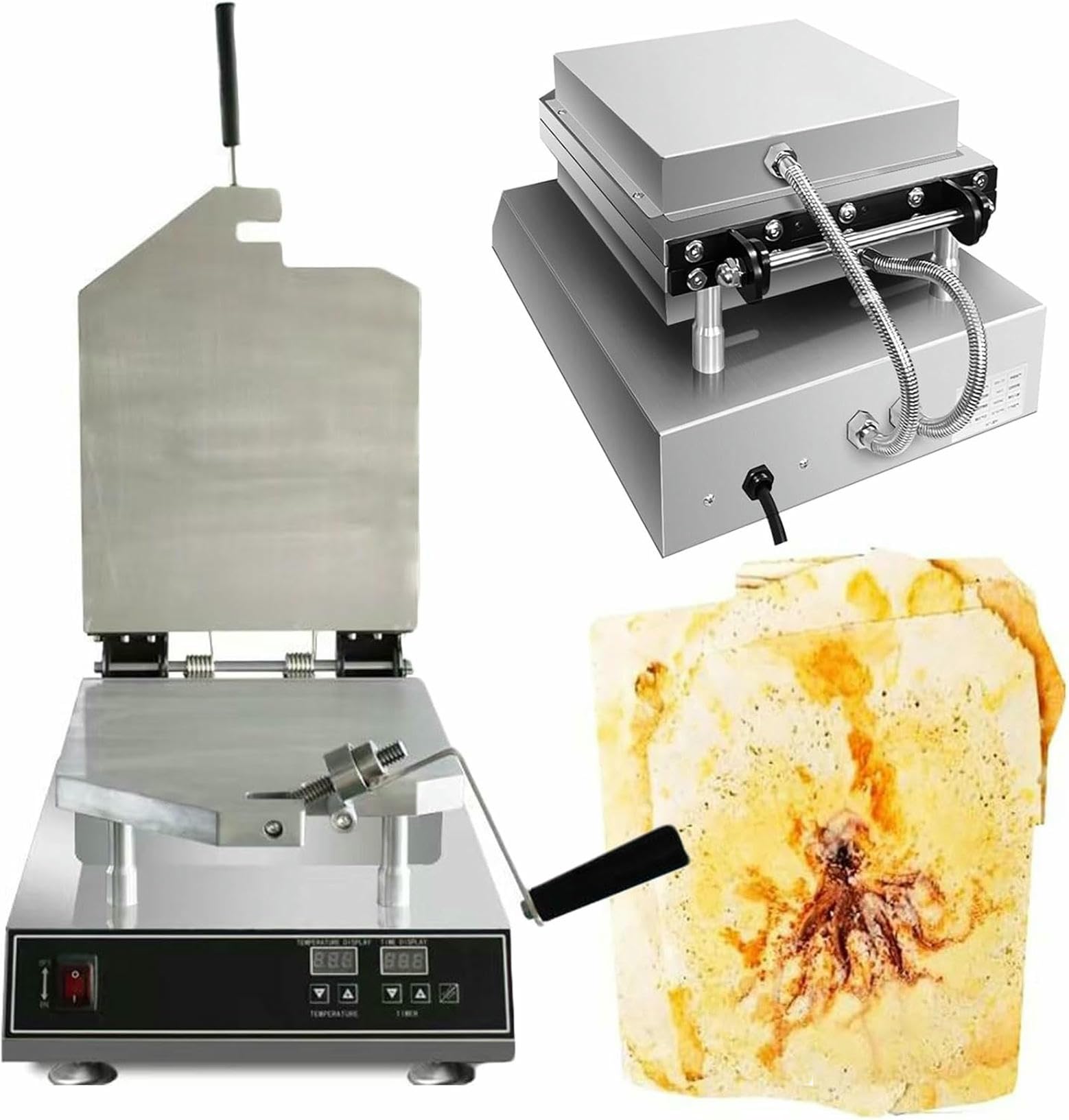 Fhrka Seafood Fossil Cake Machine, 2800W Prawn Tako Senbei Maker Machine, 30X30cm Panel, Commercial Pancake Grill Roaster