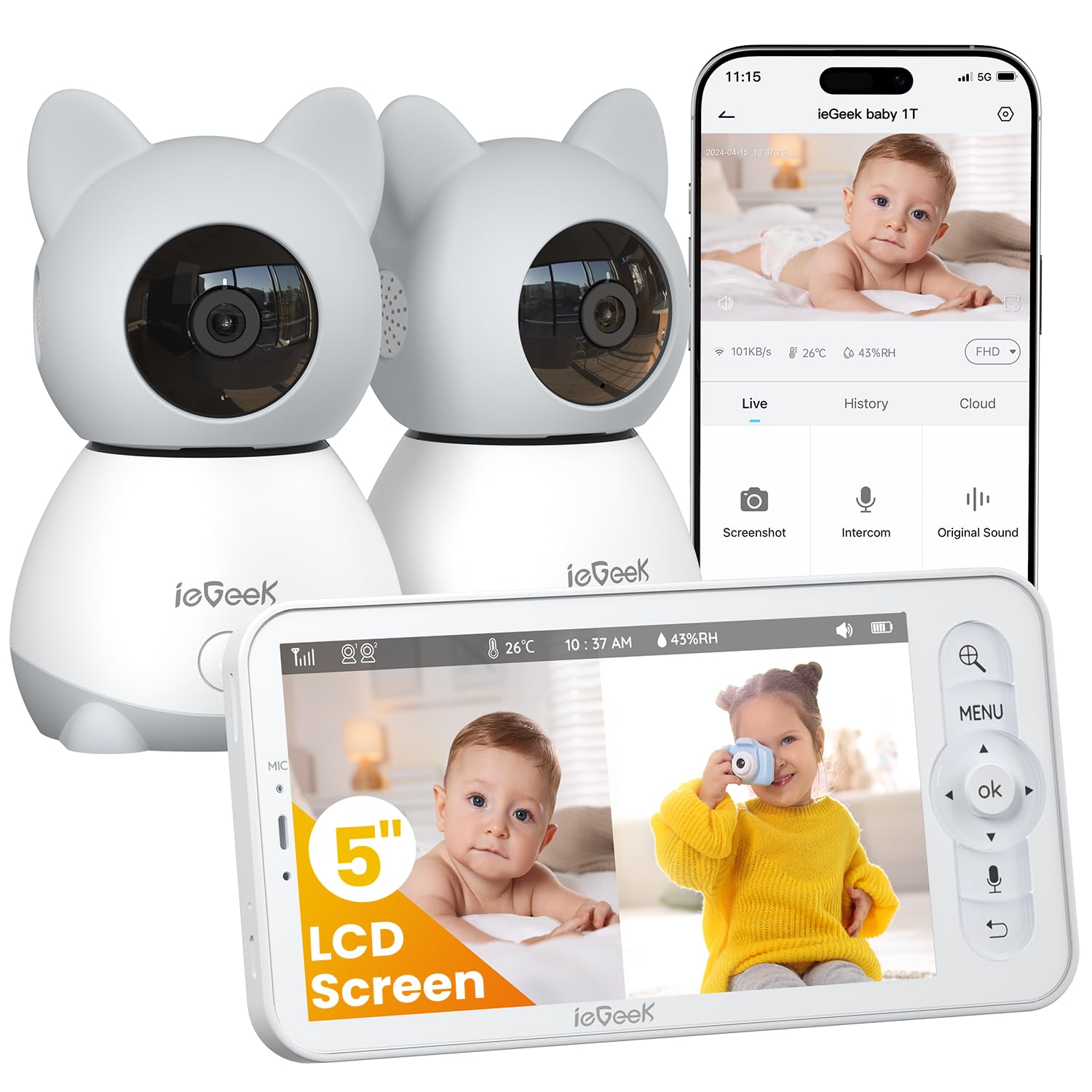 ieGeek Baby Monitor with 2 Cameras, 5" Large Screen Split-Screen Video Baby Monitor | 2K HD Non-WiFi Monitor with App & Parent Unit | Night Vision, 2-Way Audio, Cry Detection, Temperature Sensor