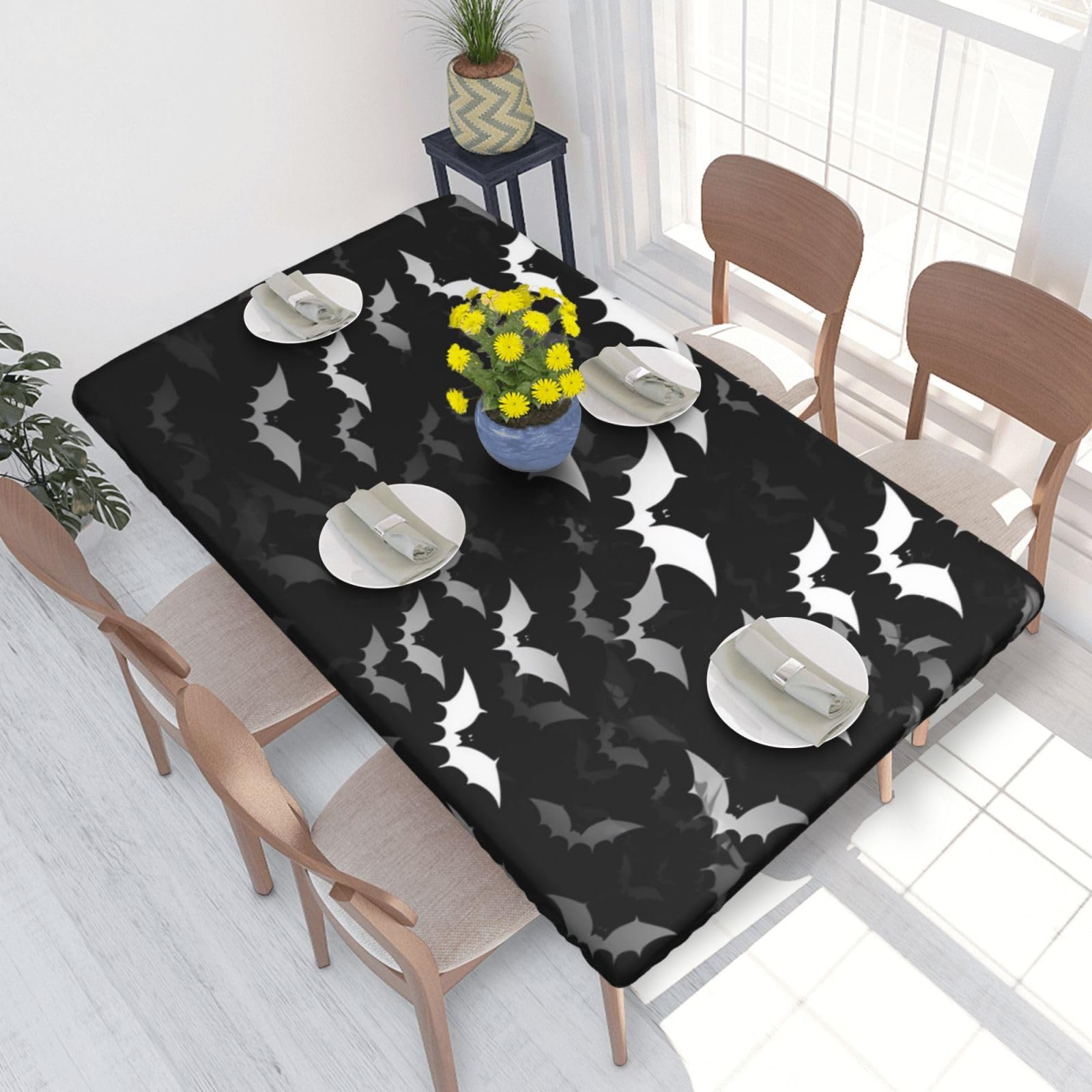 DCARSETCV Halloween Flying Bats Printed 4FT Waterproof Tablecloth with Elastic Edged Protect & Decor Your Table, Oil-proof Washable Table Cloth Cover for Dinner Picnic Party