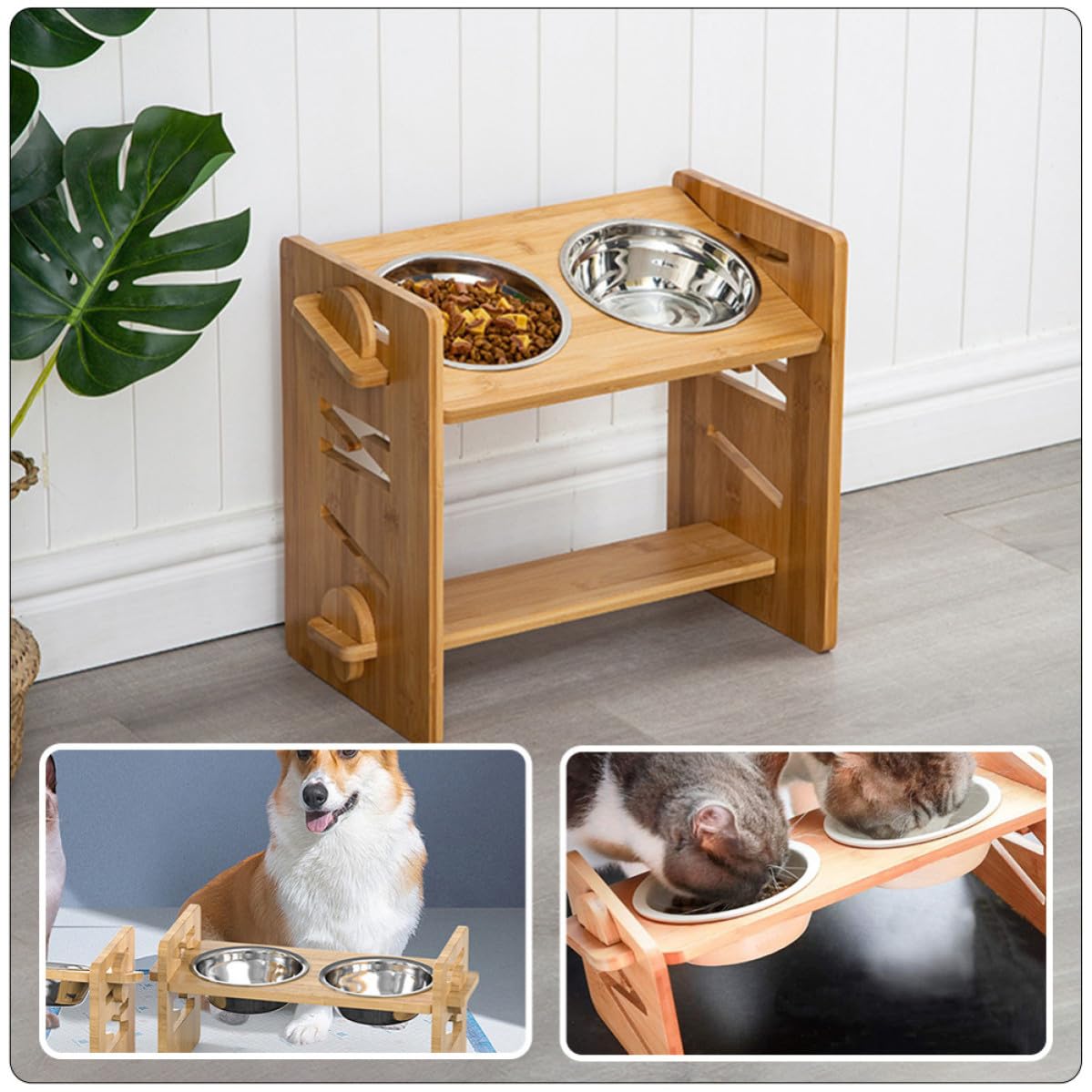 Zerodeko Supporto per Ciotole Cane e Gatto Rialzato, Doppia, Alimentazione Elevata per Protezione del Collo, per Casa, Accessorio Mangiatoia per Animali Domestici, Kaki