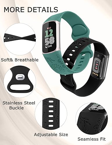 Miniatura 10 de Minyee Paquete de 3 bandas grabadas florales compatibles con Fitbit Charge 6 bandasFitbit Charge 5 bandas para mujer, lindo diseño de flores de
