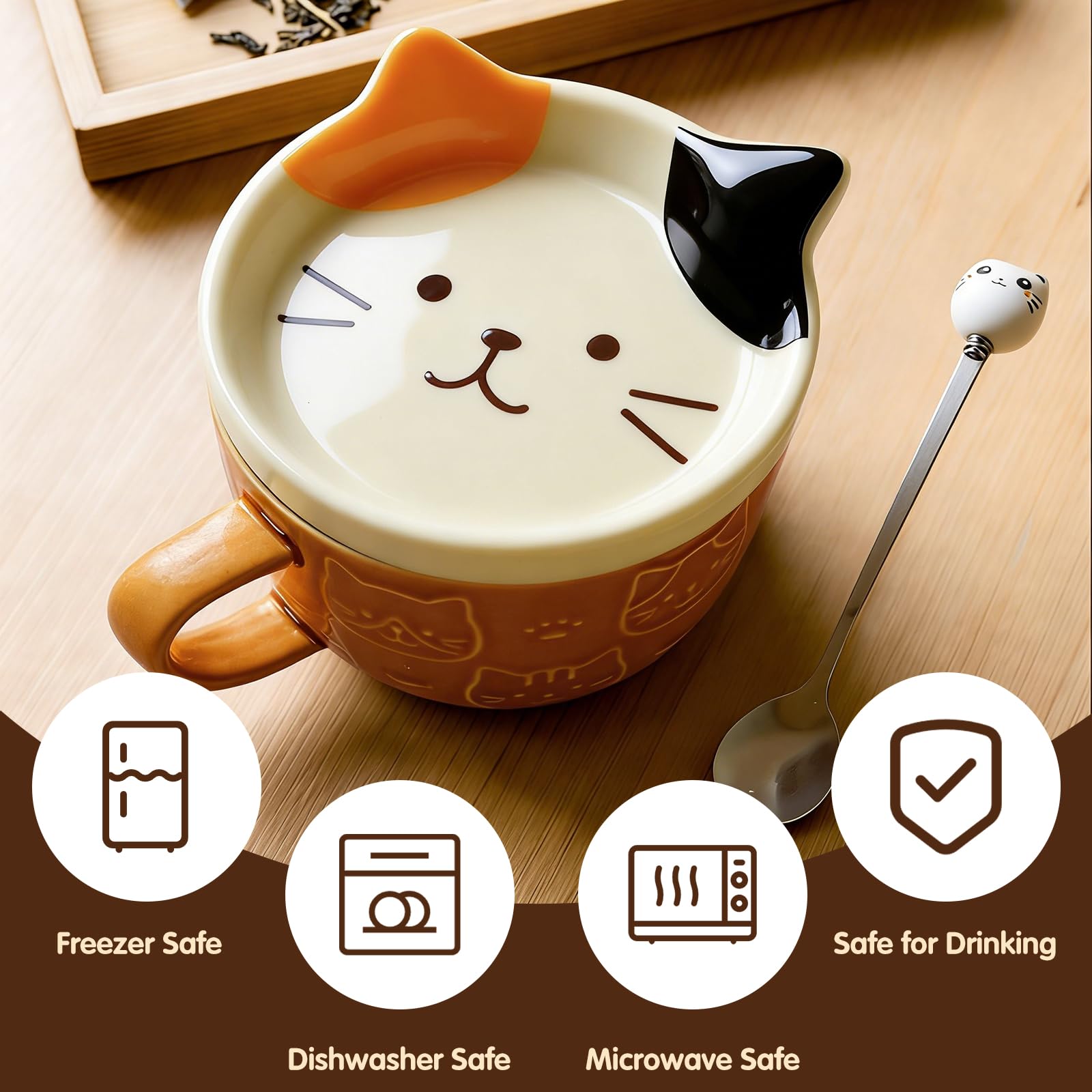 Regalo Donna Gatto, Set Tazza Gatto Divertente, Tazza da Caffè Tè Ceramica Kawaii con Coperchio e Cucchiai, Idee Regalo Donna Personalizzato per Amica Fidanzata Moglie Compleanno Natale