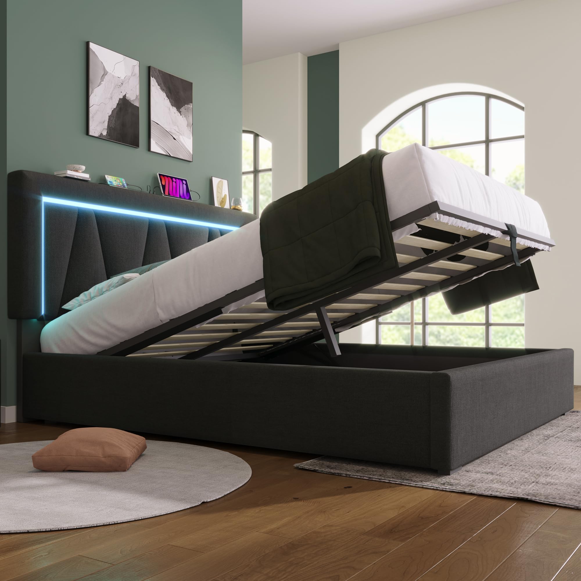 Letto Matrimoniale 160x200cm Con LED E USB - Testata Imbottita, Contenitore, Grigio Lino - Foto 9